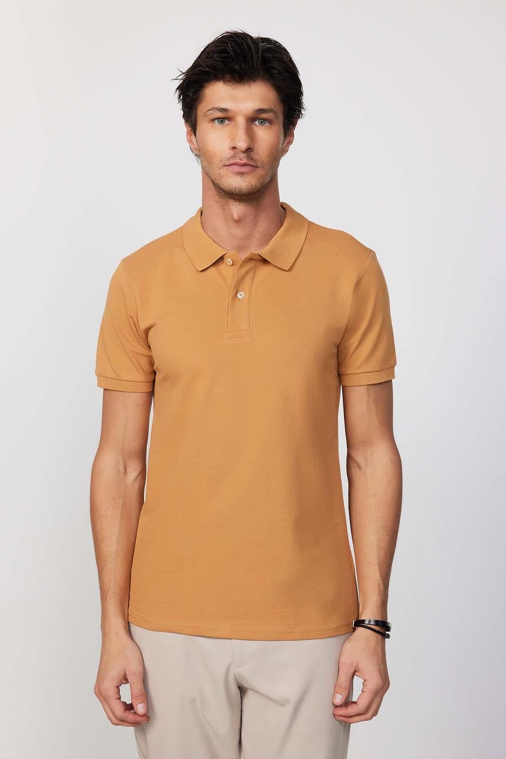 Erkek Polo Yaka Slim Fit Düz Pamuk Pike Tarçın Tişört