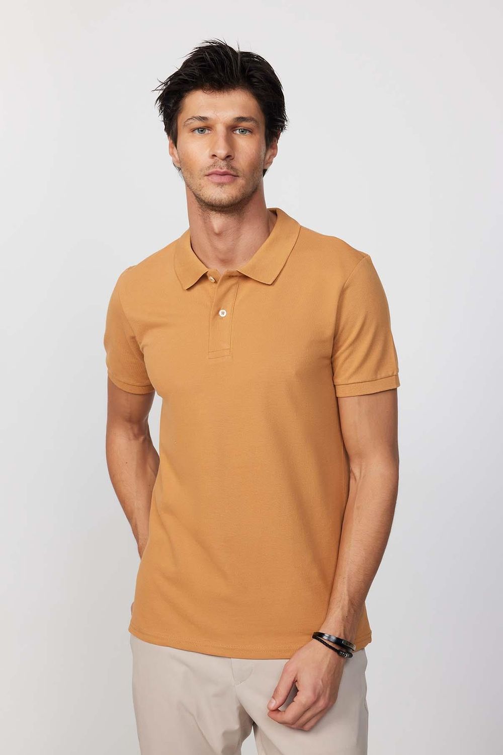 Erkek Polo Yaka Slim Fit Düz Pamuk Pike Tarçın Tişört