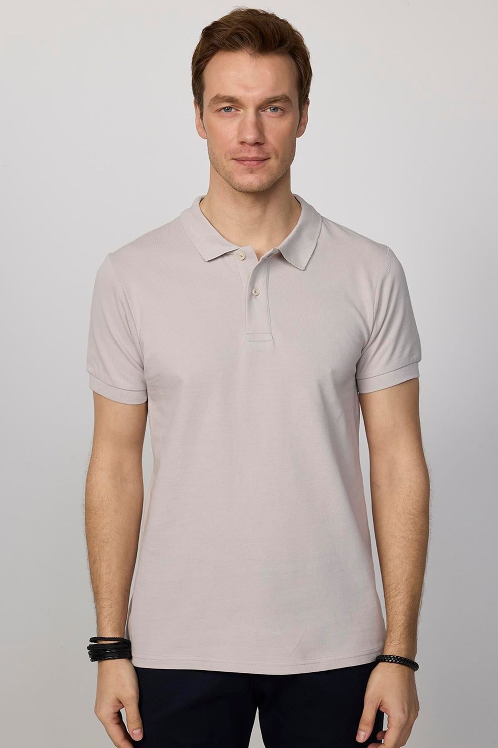 Erkek Slim Fit Dar Kesim Pamuklu Yumuşak Dokulu Serin Tutan Kumaş Düz Pike Küllü Pembe Polo Yaka Tişört