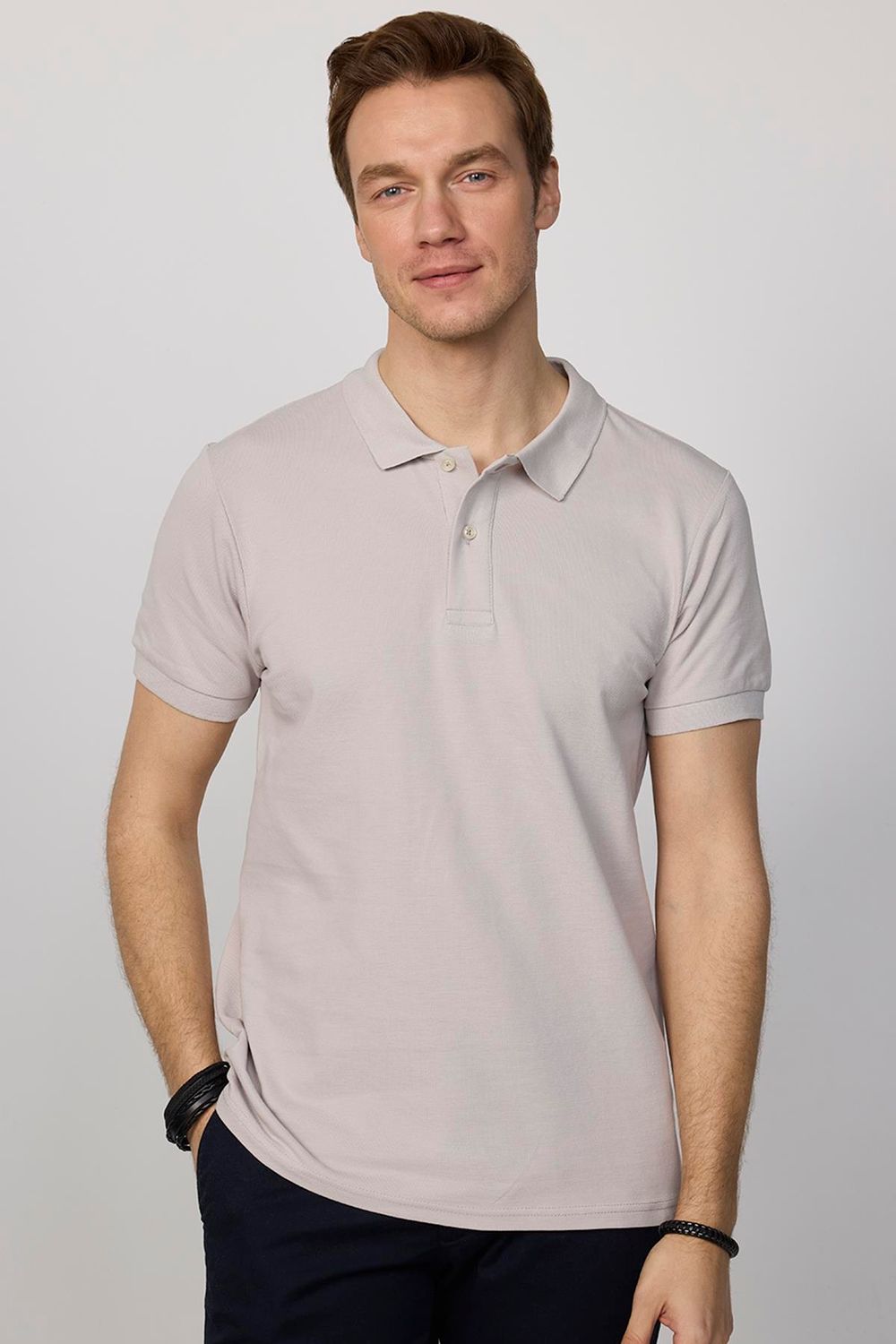 Erkek Slim Fit Dar Kesim Pamuklu Yumuşak Dokulu Serin Tutan Kumaş Düz Pike Küllü Pembe Polo Yaka Tişört