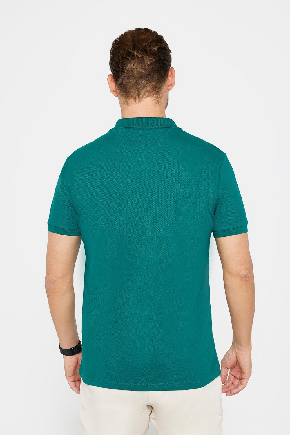 Erkek Slim Fit Dar Kesim %100 Pamuk Düz Pike Yeşil Polo Yaka Tişört