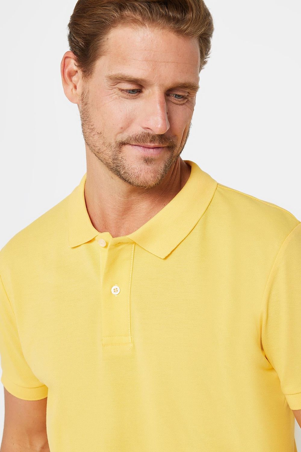 Erkek Slim Fit Dar Kesim %100 Pamuk Düz Pike Sarı Polo Yaka Tişört