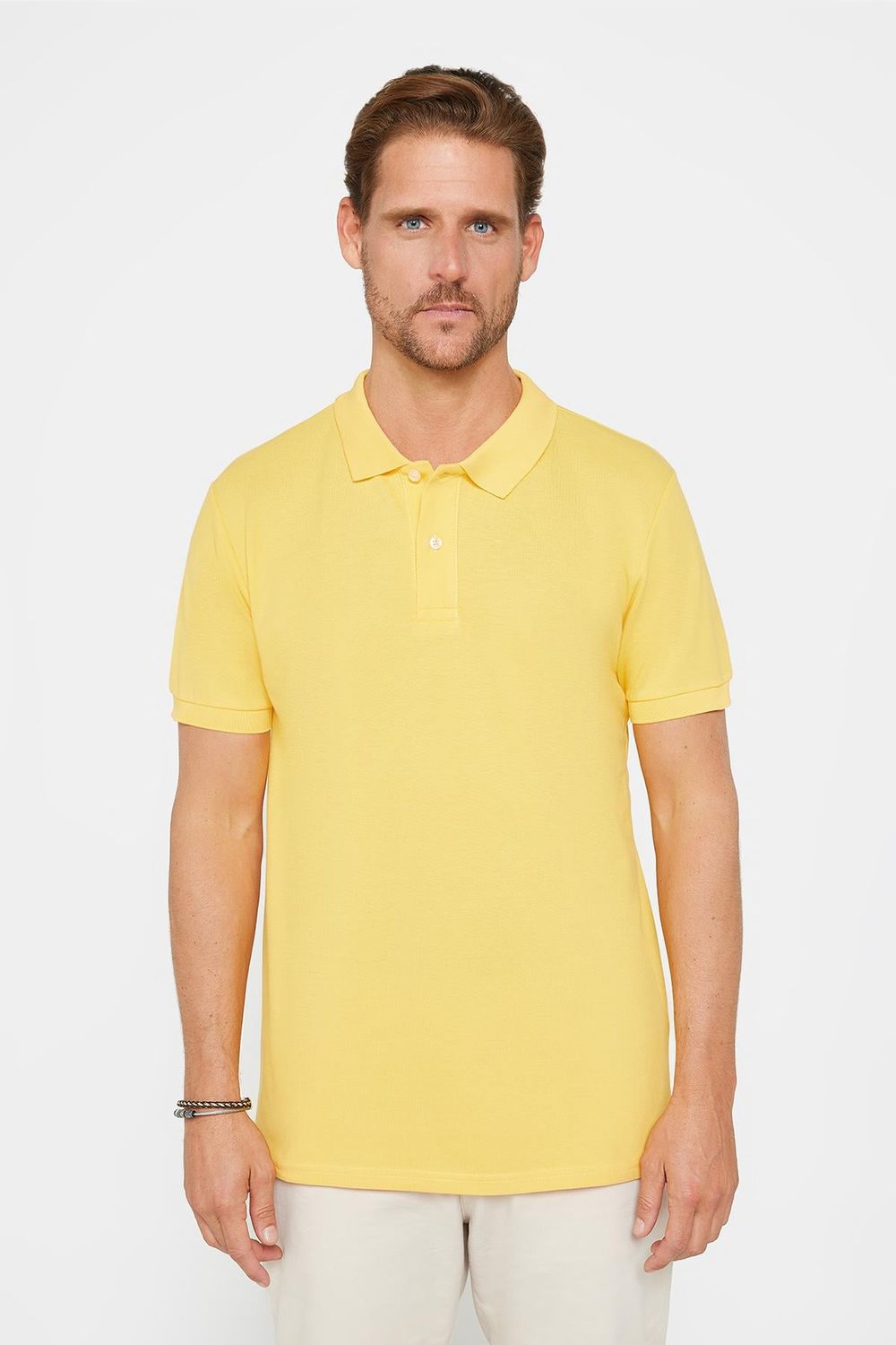 Erkek Slim Fit Dar Kesim %100 Pamuk Düz Pike Sarı Polo Yaka Tişört