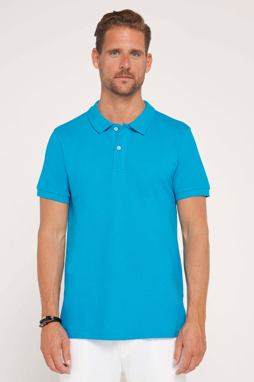 Erkek Slim Fit Dar Kesim %100 Pamuk Düz Pike Mavi Polo Yaka Tişört