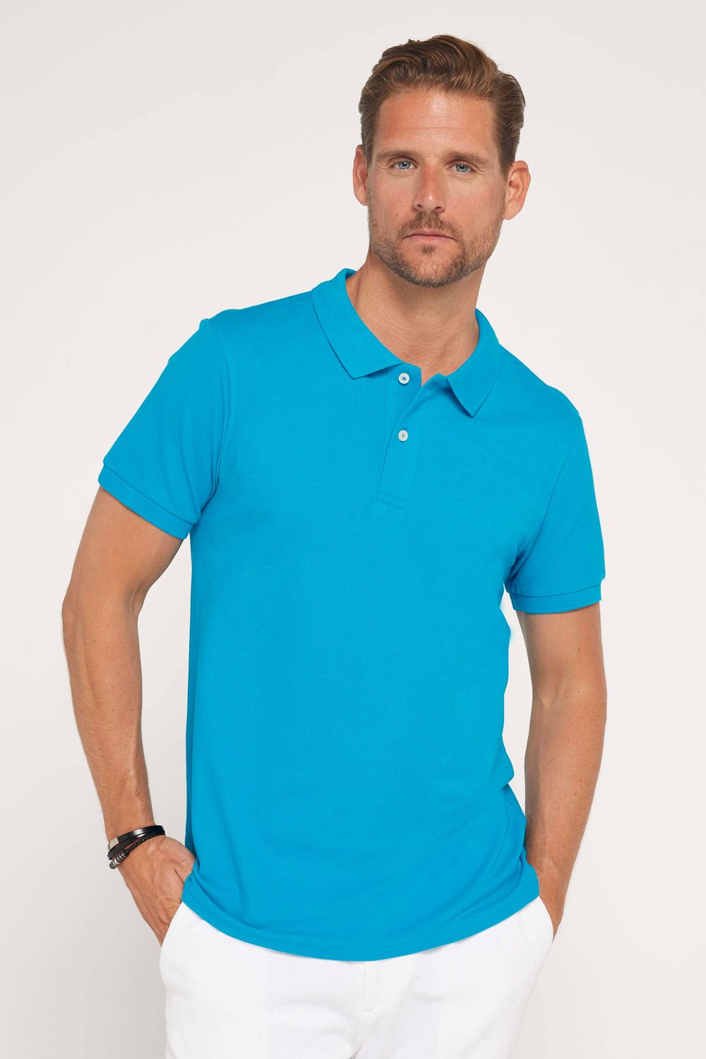 Erkek Slim Fit Dar Kesim %100 Pamuk Düz Pike Mavi Polo Yaka Tişört