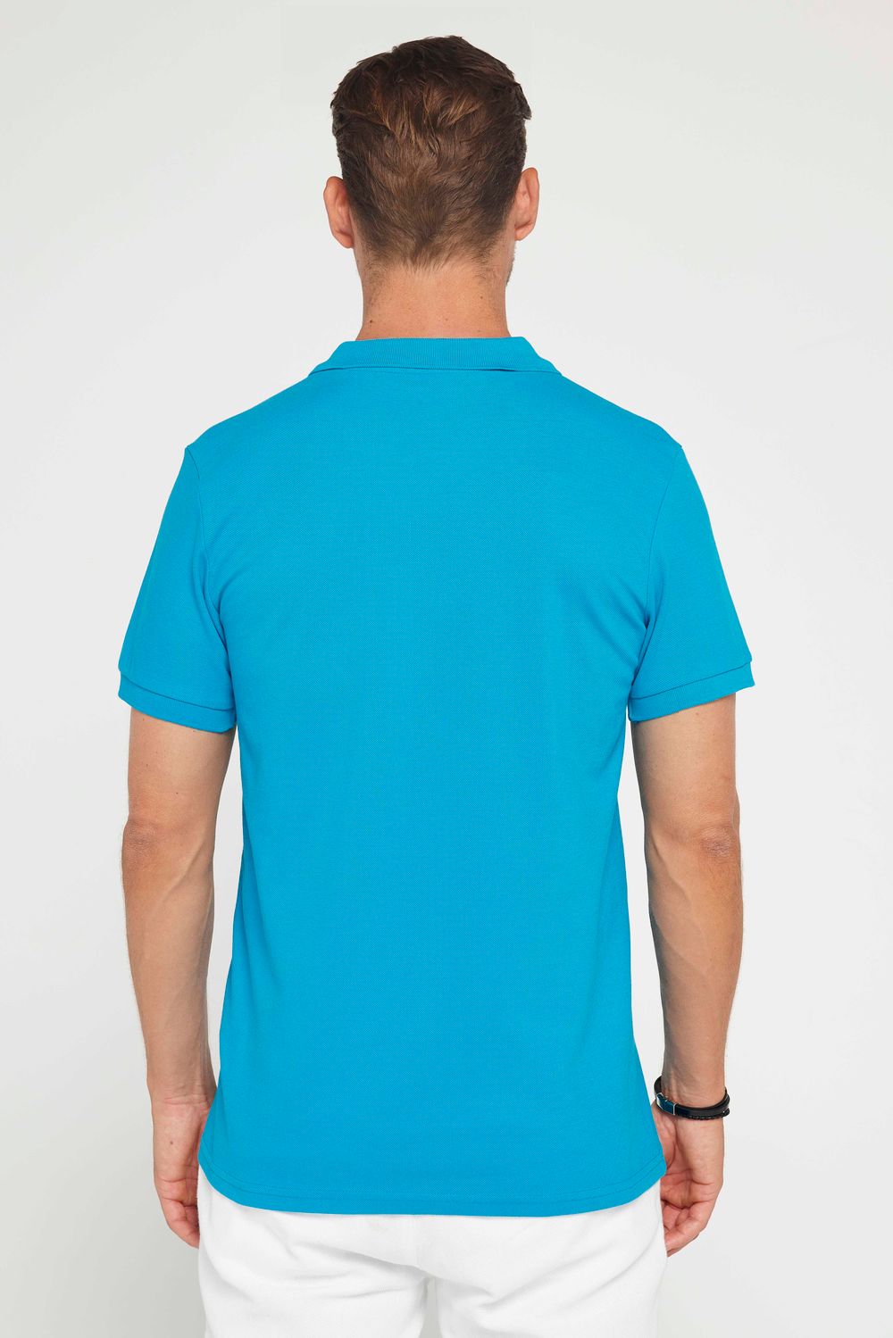 Erkek Slim Fit Dar Kesim %100 Pamuk Düz Pike Mavi Polo Yaka Tişört