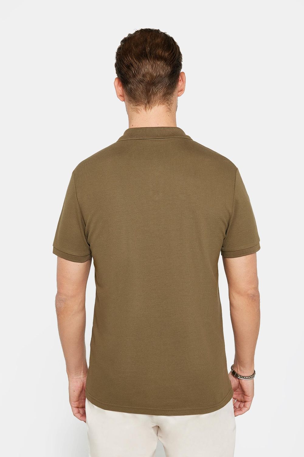 Erkek Slim Fit Dar Kesim %100 Pamuk Düz Pike Haki Polo Yaka Tişört