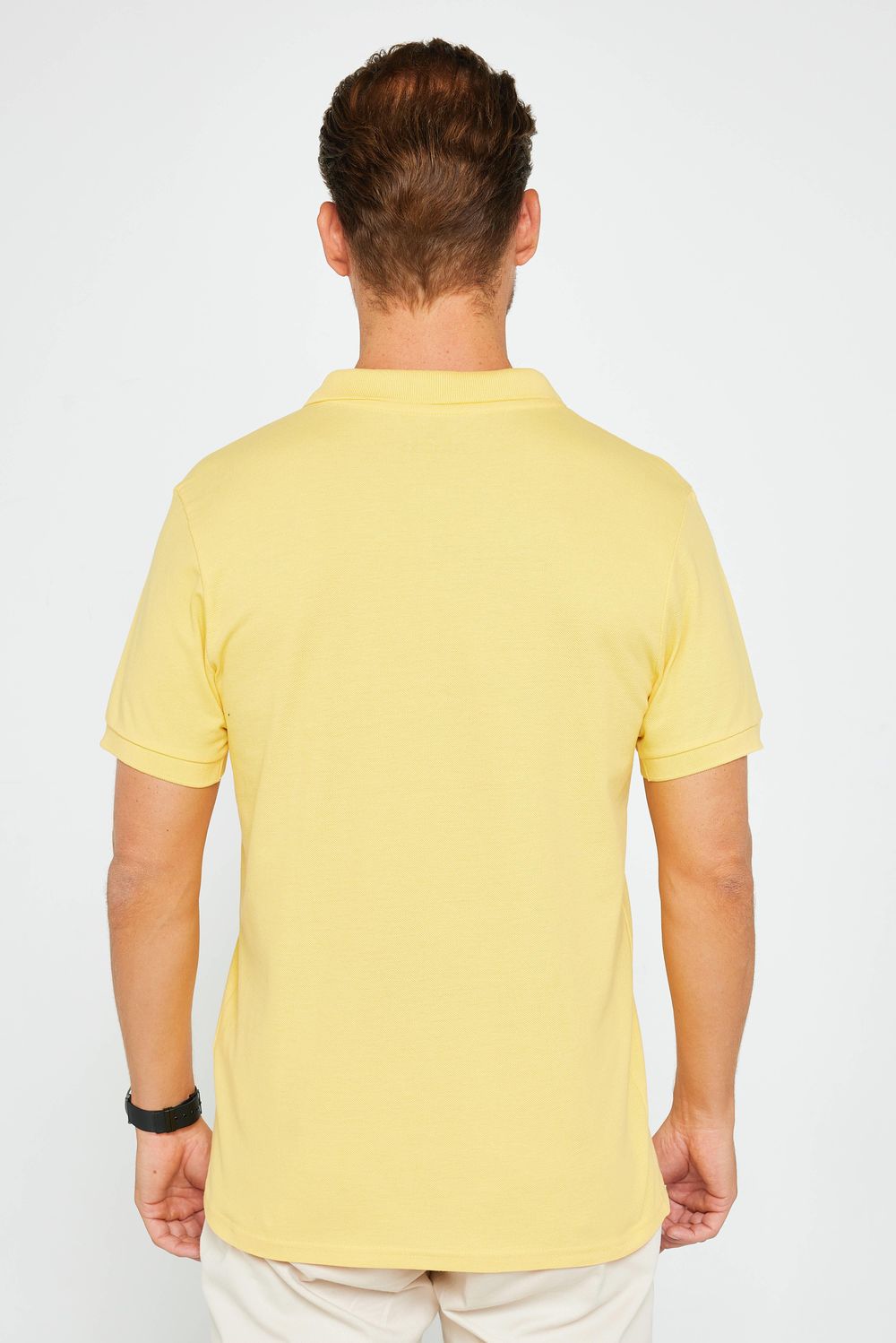 Erkek Slim Fit Dar Kesim %100 Pamuk Düz Pike Sarı Polo Yaka Tişört