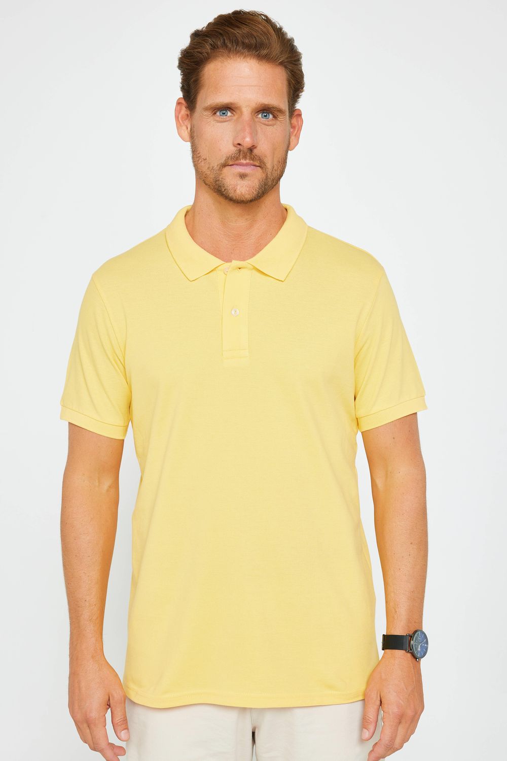 Erkek Slim Fit Dar Kesim %100 Pamuk Düz Pike Sarı Polo Yaka Tişört