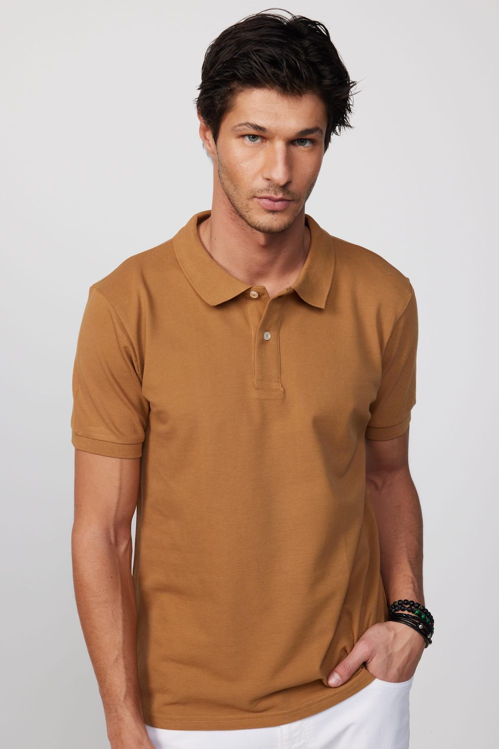 Erkek Polo Yaka Slim Fit Düz Pamuk Pike Kahvrengi Tişört