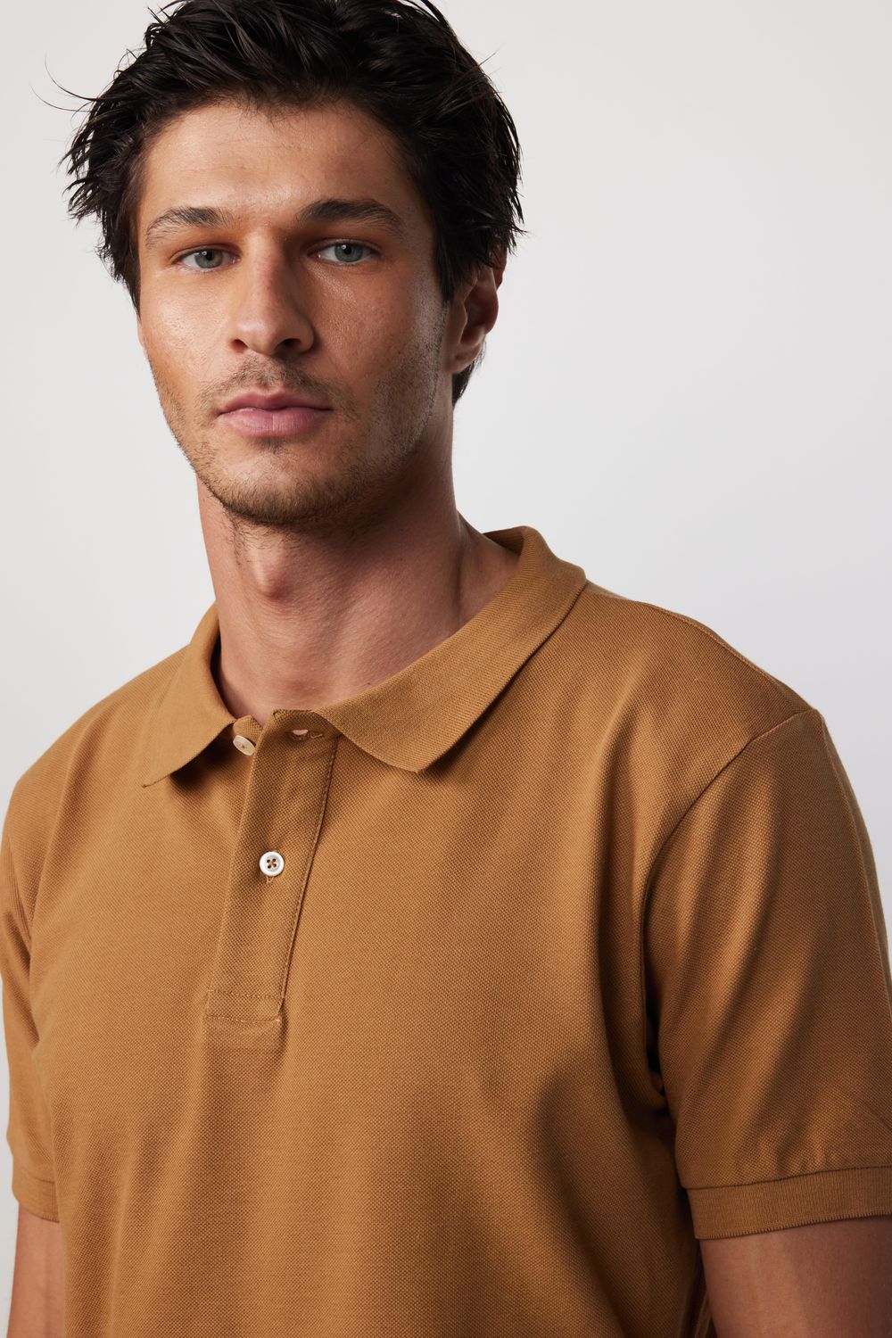 Erkek Polo Yaka Slim Fit Düz Pamuk Pike Kahvrengi Tişört