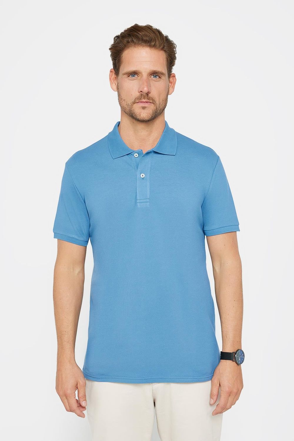 Erkek Slim Fit Dar Kesim %100 Pamuk Düz Pike İndigo Polo Yaka Tişört