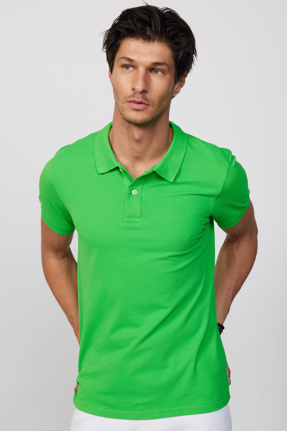 Erkek Polo Yaka Slim Fit Düz Pamuk Pike Yeşil Tişört
