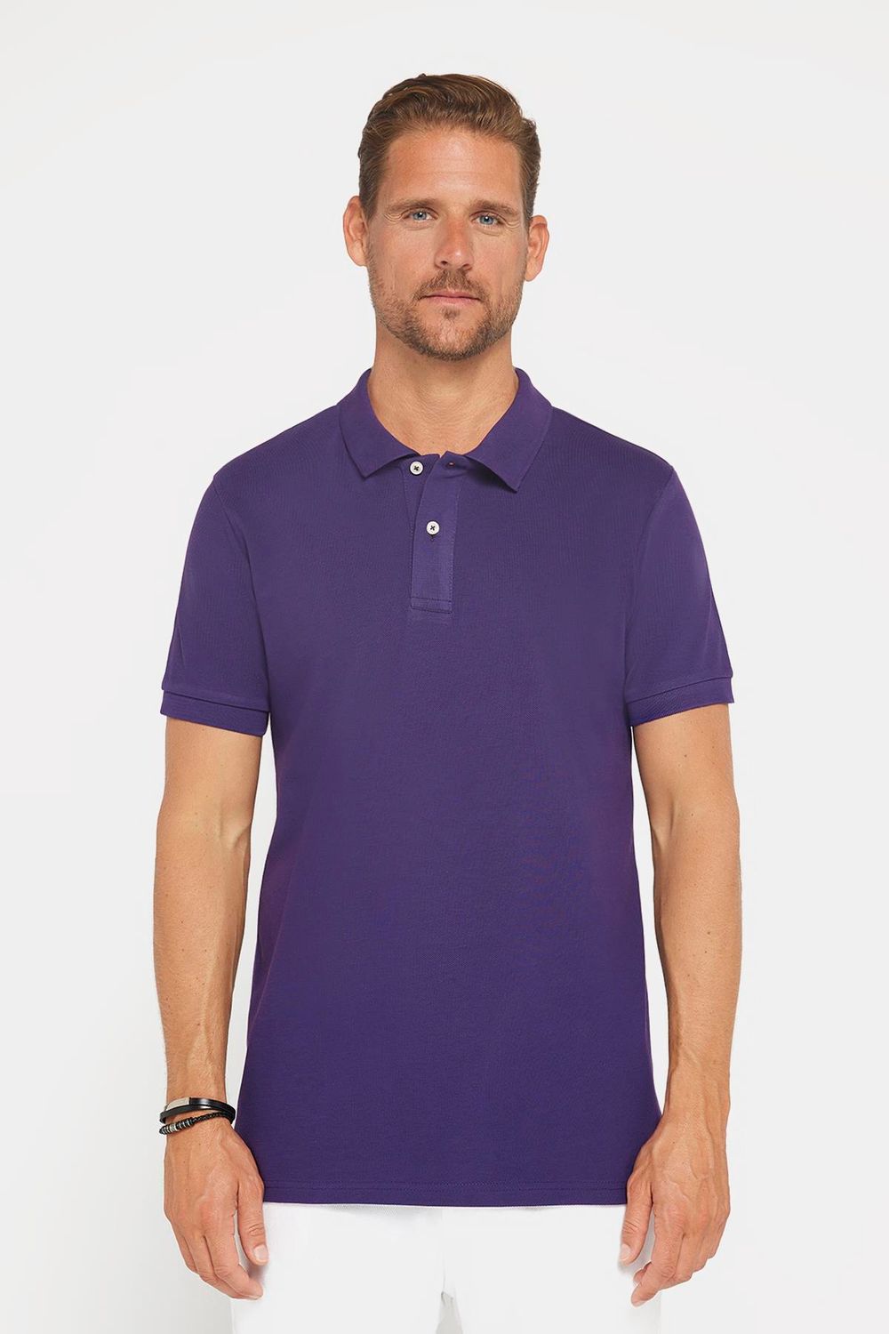 Erkek Slim Fit Dar Kesim %100 Pamuk Düz Pike Mor Polo Yaka Tişört