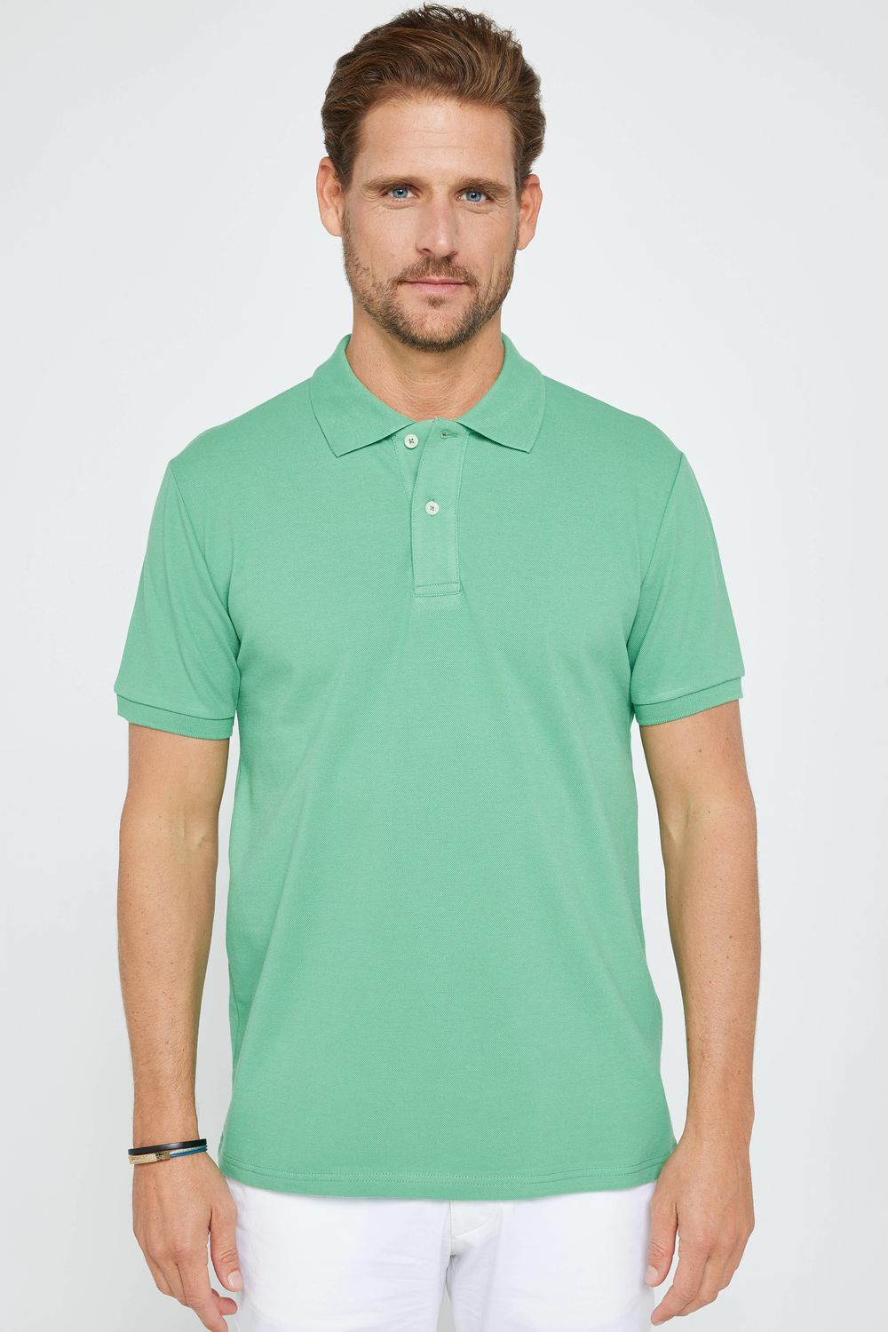 Erkek Slim Fit Dar Kesim %100 Pamuk Düz Pike Yeşil Polo Yaka Tişört