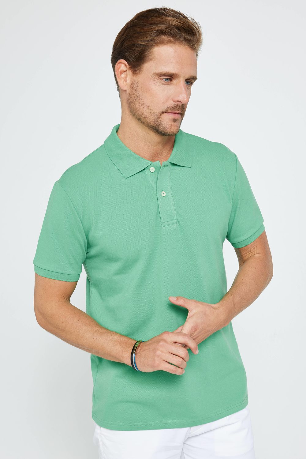 Erkek Slim Fit Dar Kesim %100 Pamuk Düz Pike Yeşil Polo Yaka Tişört