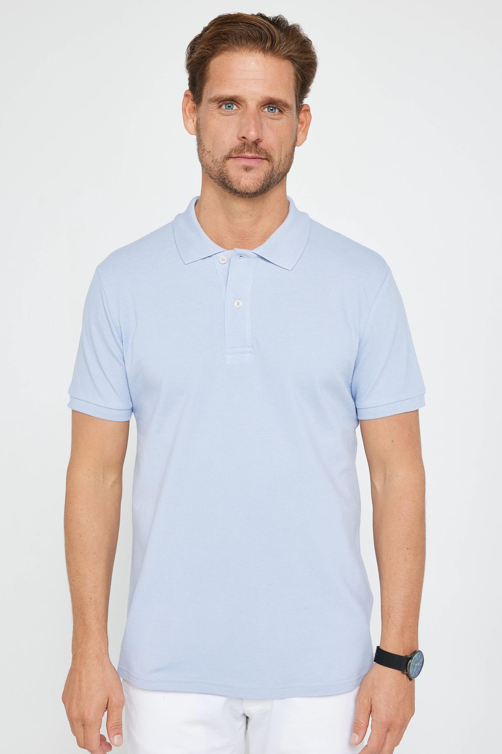 Erkek Slim Fit Dar Kesim %100 Pamuk Düz Pike Mavi Polo Yaka Tişört