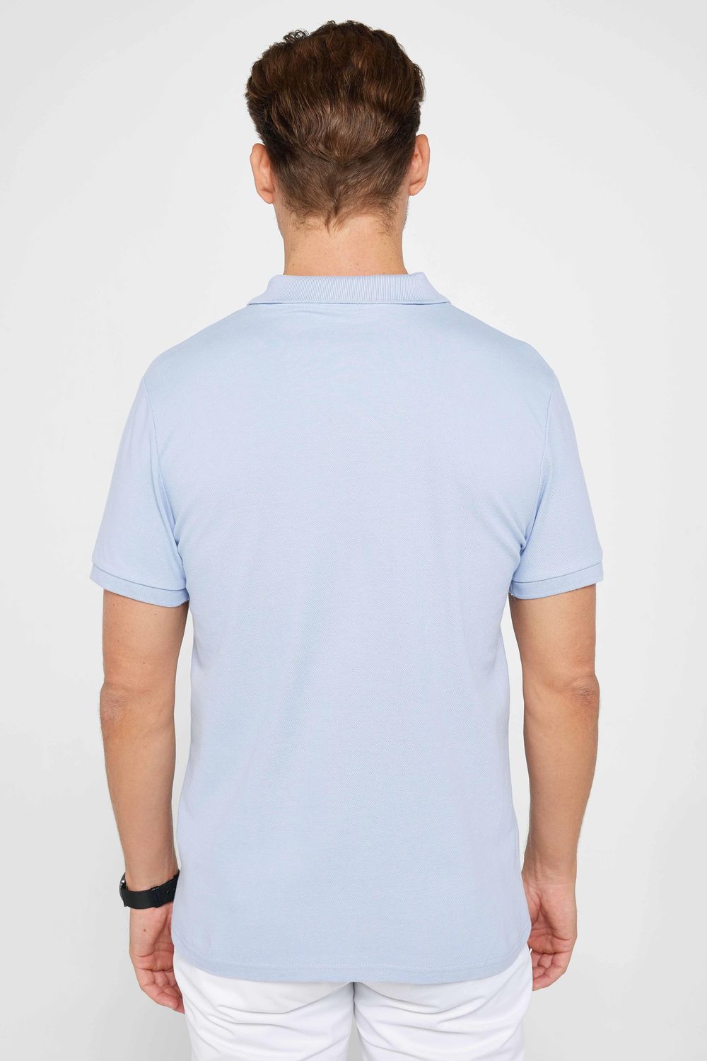 Erkek Slim Fit Dar Kesim %100 Pamuk Düz Pike Mavi Polo Yaka Tişört