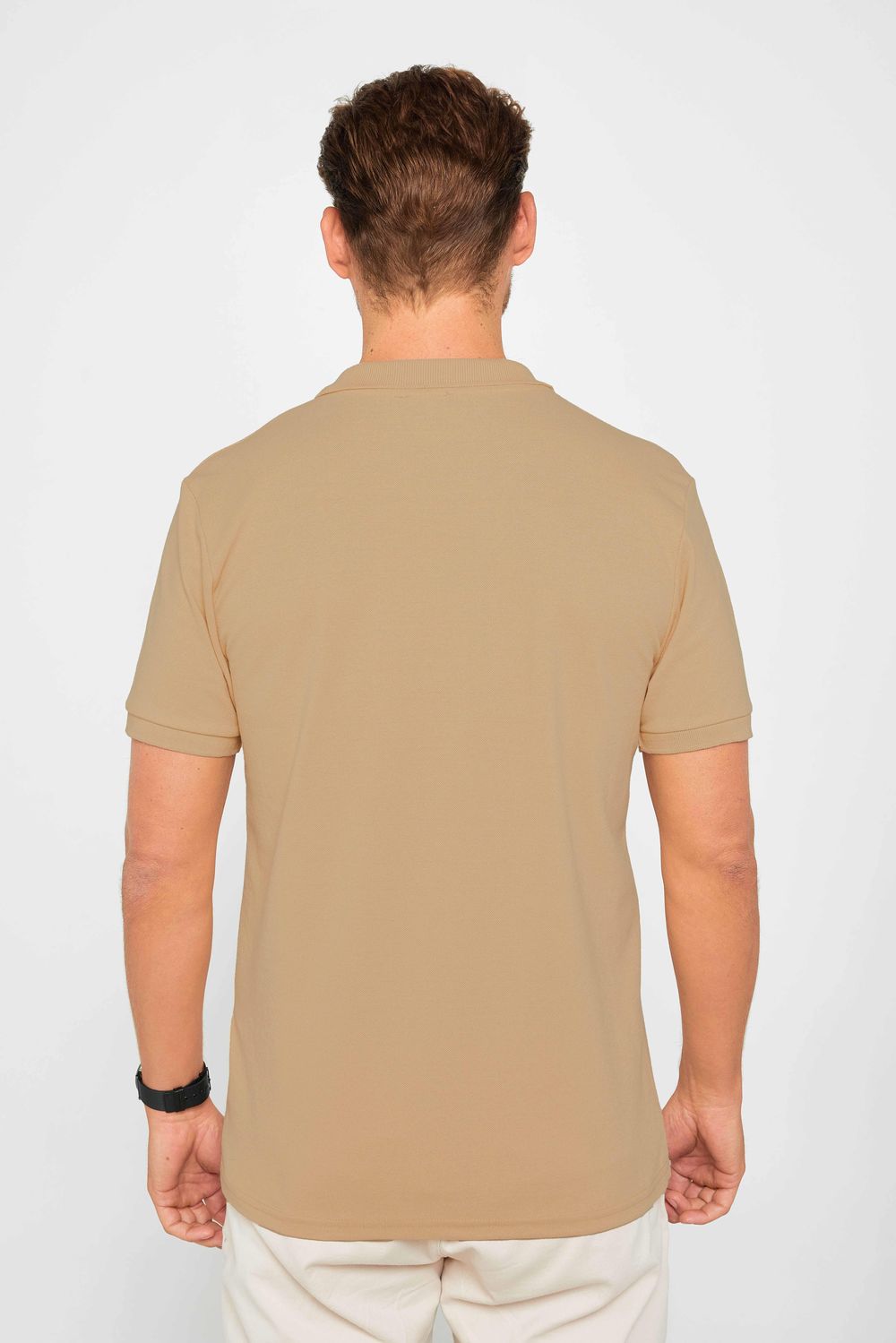 Erkek Slim Fit Dar Kesim %100 Pamuk Düz Pike Kum Rengi Polo Yaka Tişört