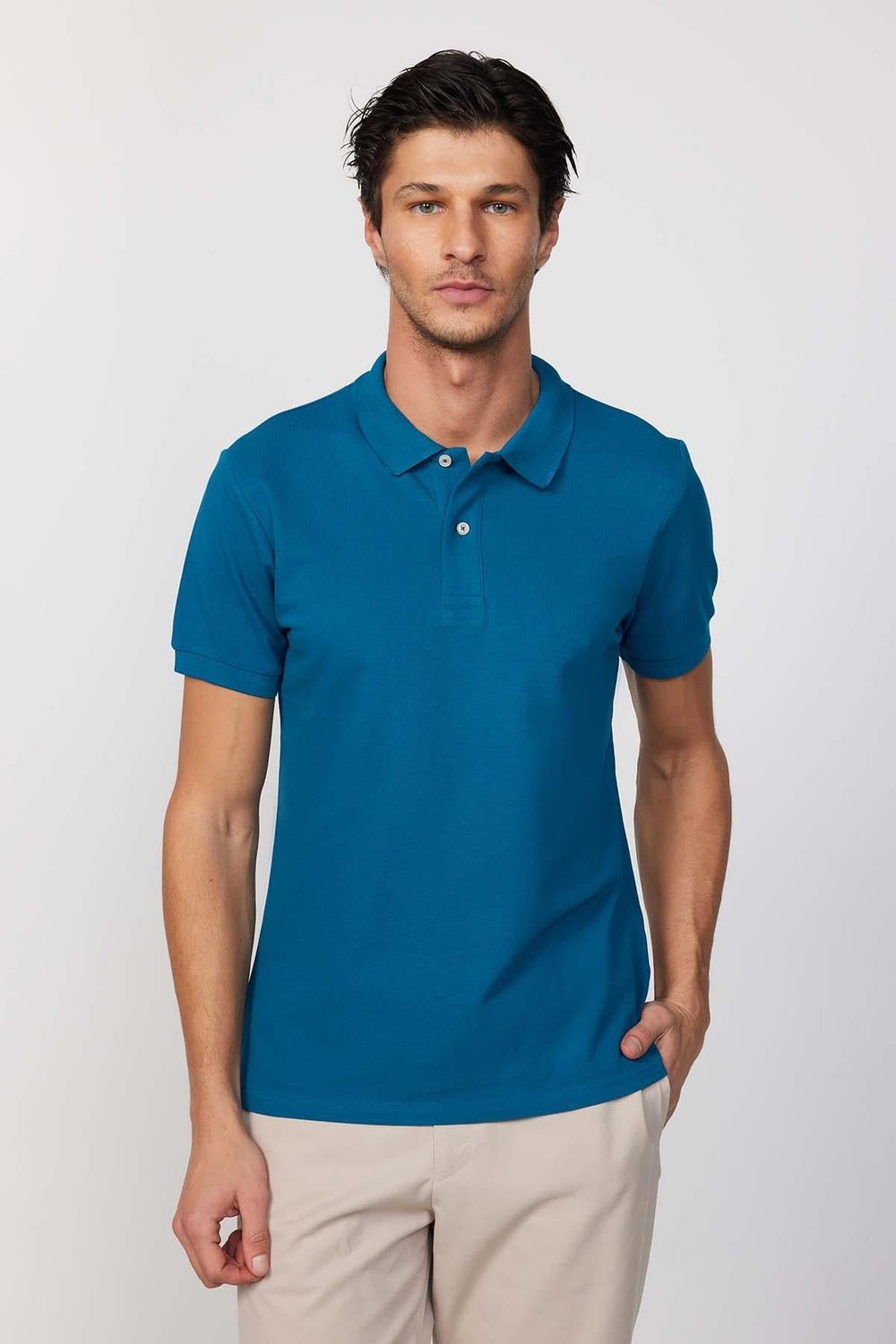 Erkek Polo Yaka Slim Fit Düz Pamuk Pike Petrol Tişört