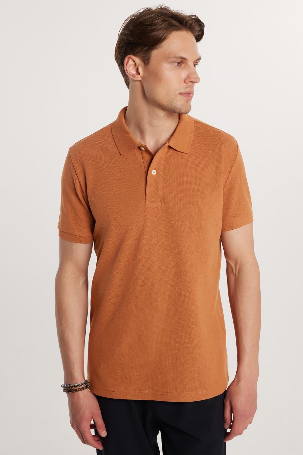 Erkek Slim Fit Dar Kesim %100 Pamuk Düz Pike Kahverengi Polo Yaka Tişört