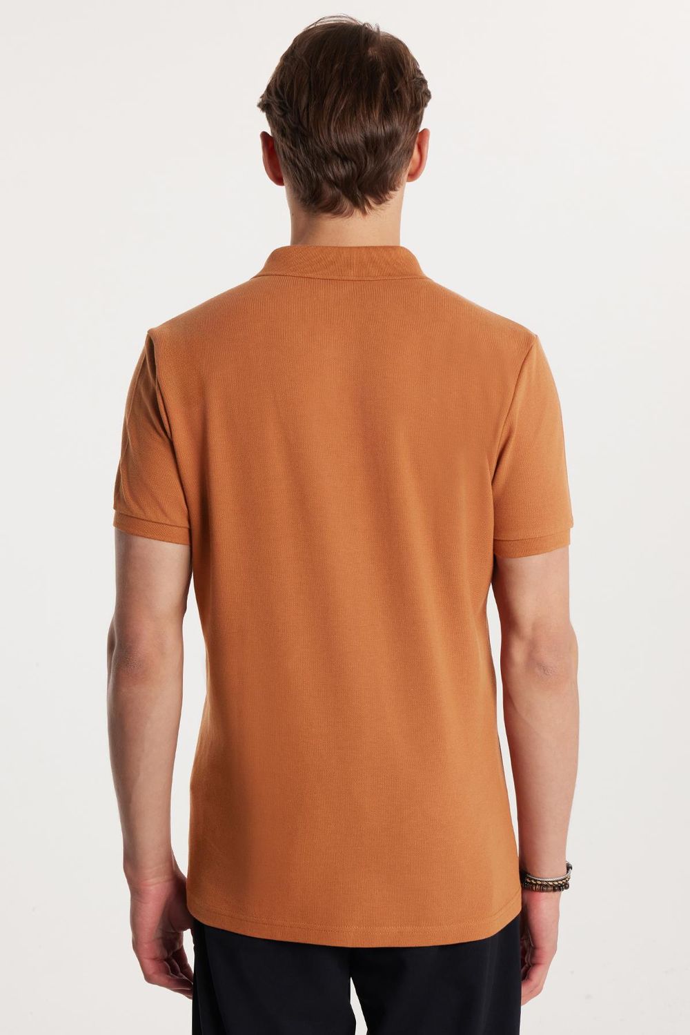 Erkek Slim Fit Dar Kesim %100 Pamuk Düz Pike Kahverengi Polo Yaka Tişört