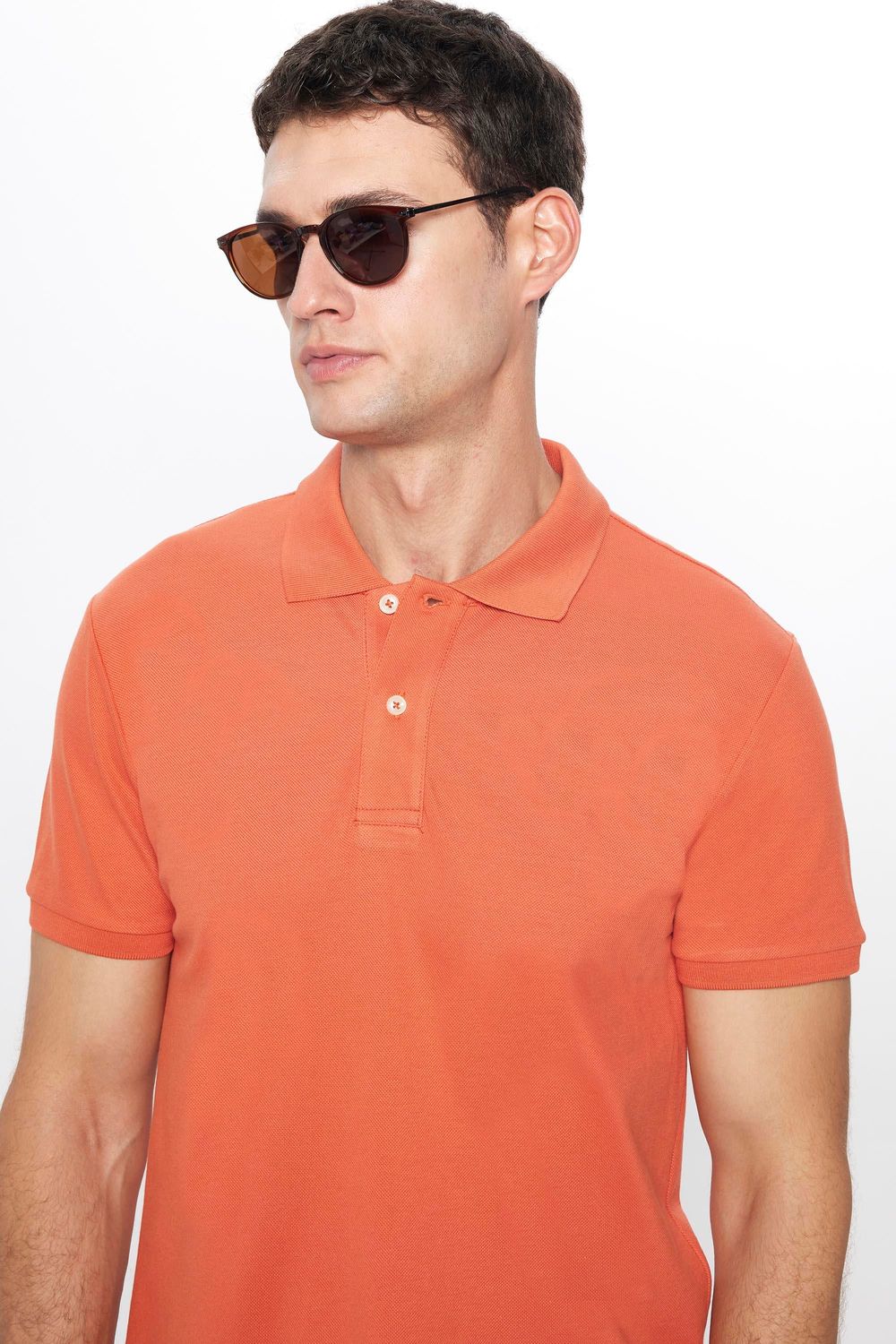 Erkek Slim Fit Dar Kesim %100 Pamuk Düz Pike Tarçın Renk Polo Yaka Tişört