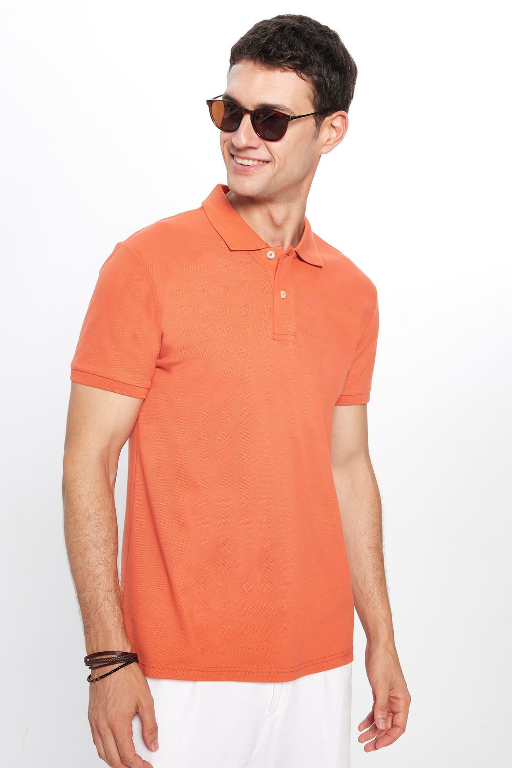 Erkek Slim Fit Dar Kesim %100 Pamuk Düz Pike Tarçın Renk Polo Yaka Tişört