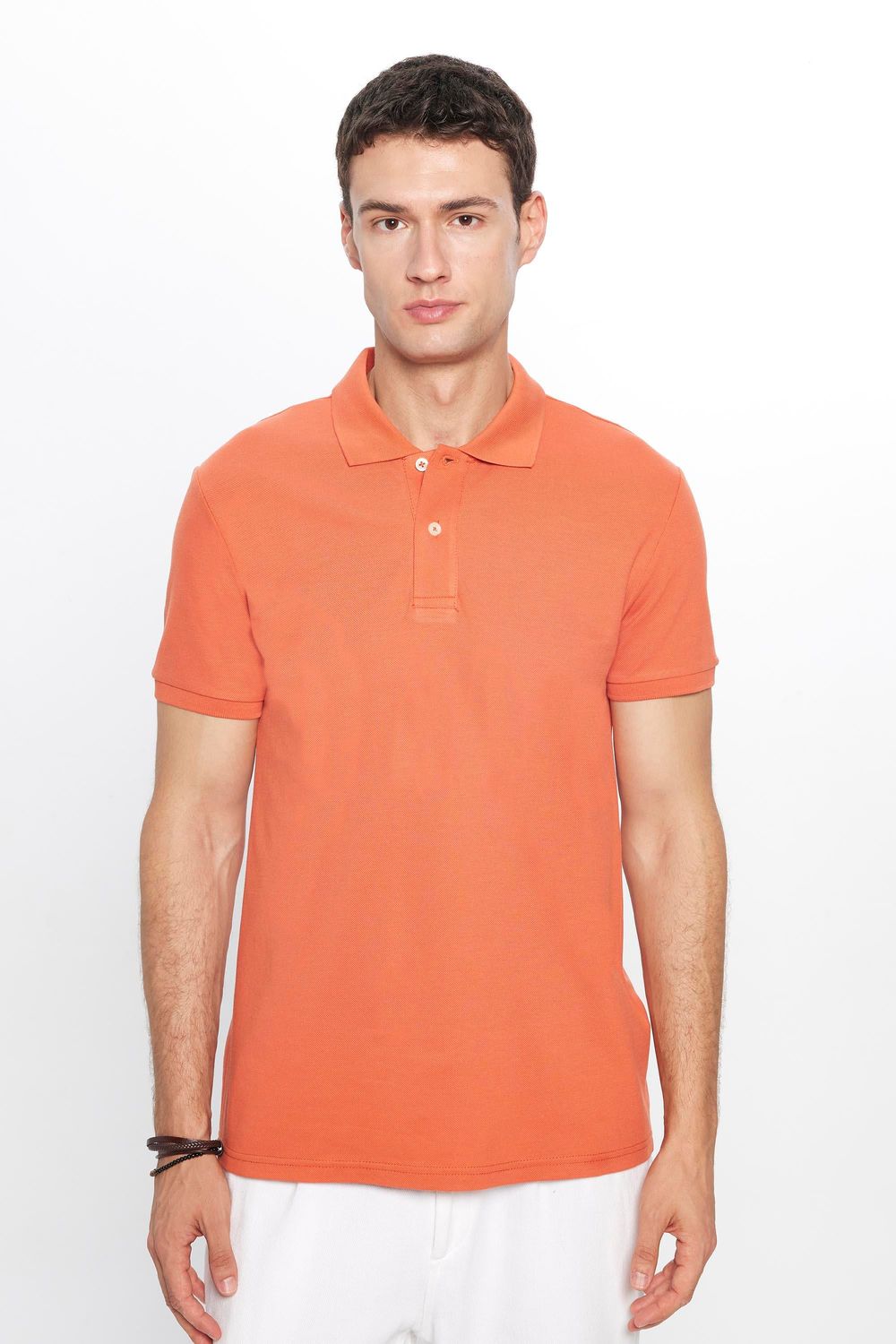 Erkek Slim Fit Dar Kesim %100 Pamuk Düz Pike Tarçın Renk Polo Yaka Tişört