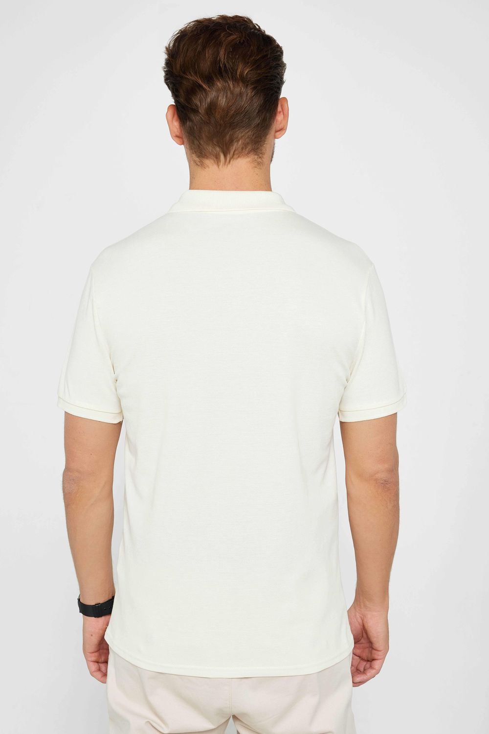 Erkek Slim Fit Dar Kesim %100 Pamuk Düz Pike Ekru Polo Yaka Tişört
