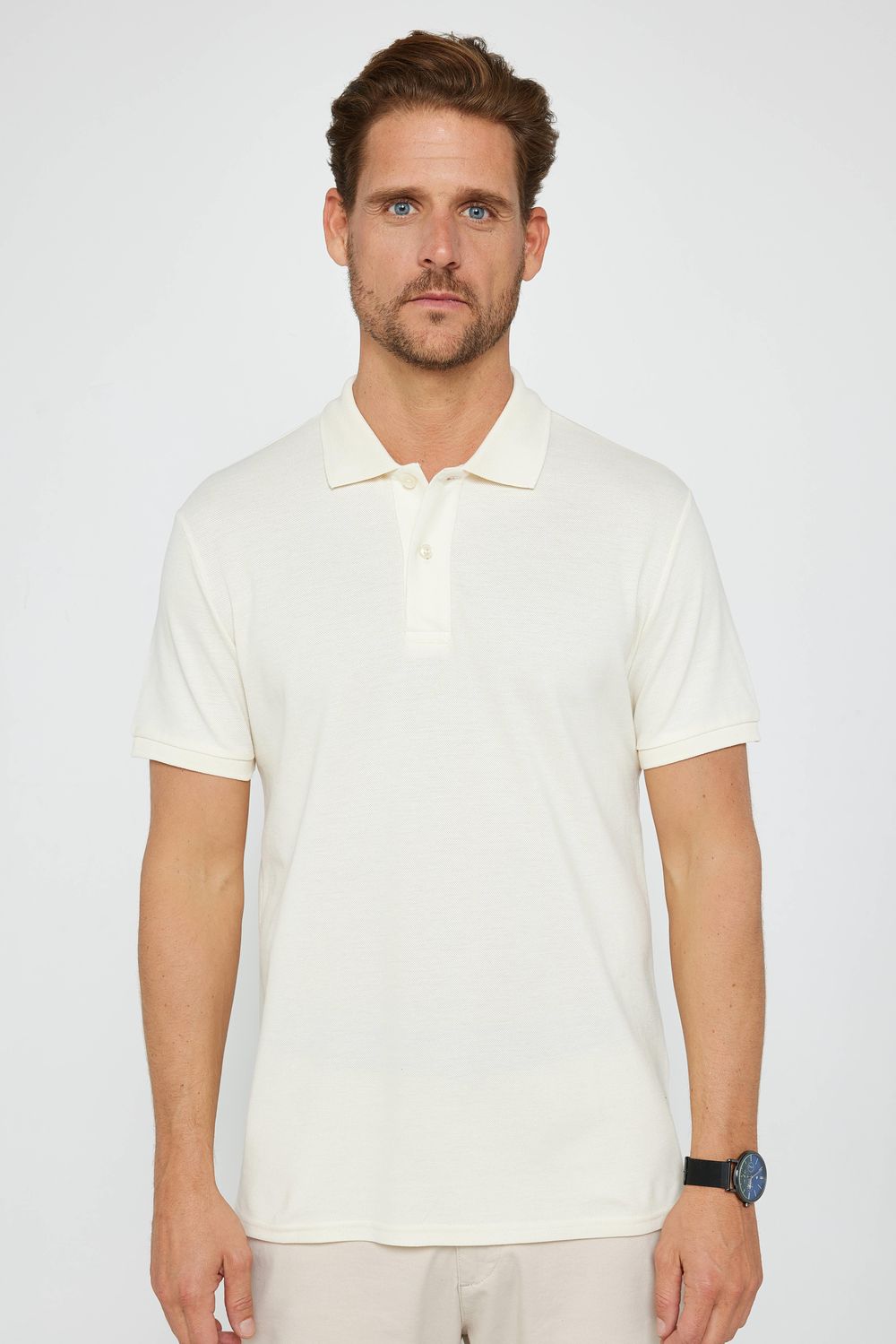 Erkek Slim Fit Dar Kesim %100 Pamuk Düz Pike Ekru Polo Yaka Tişört