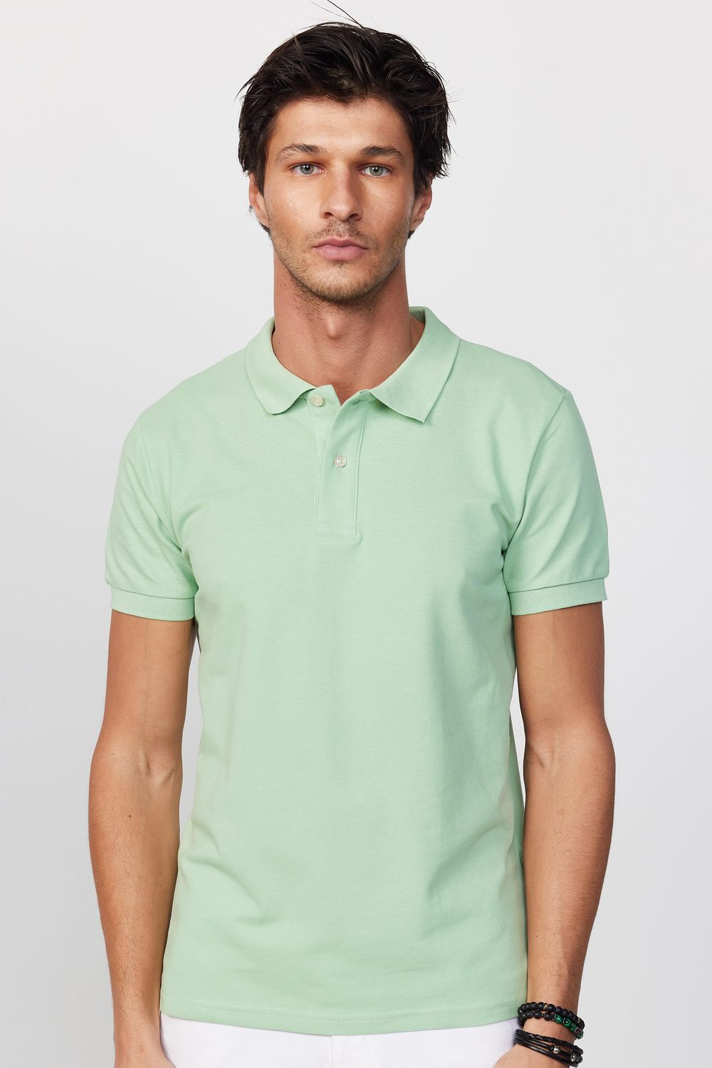 Erkek Polo Yaka Slim Fit Düz Pamuk Pike Yeşil Tişört