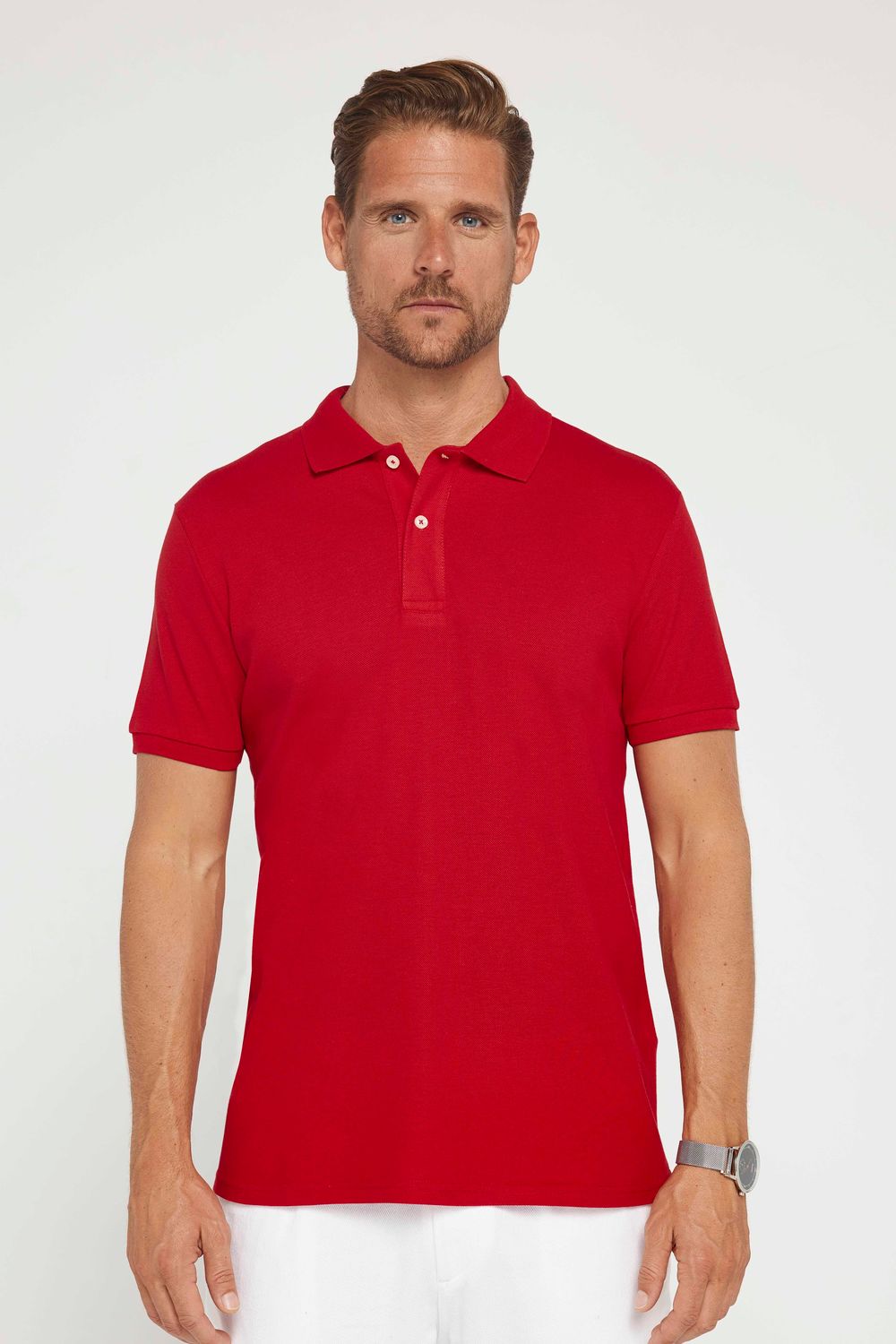 Erkek Slim Fit Dar Kesim %100 Pamuk Düz Pike Kırmızı Polo Yaka Tişört