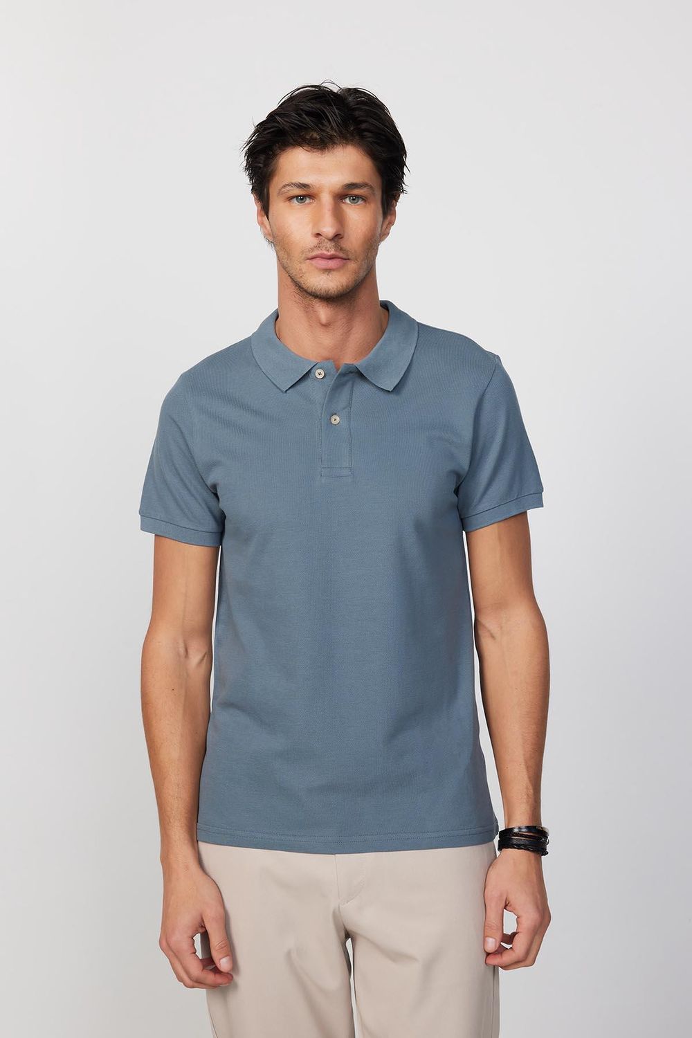 Erkek Polo Yaka Slim Fit Düz Pamuk Pike Gri Tişört