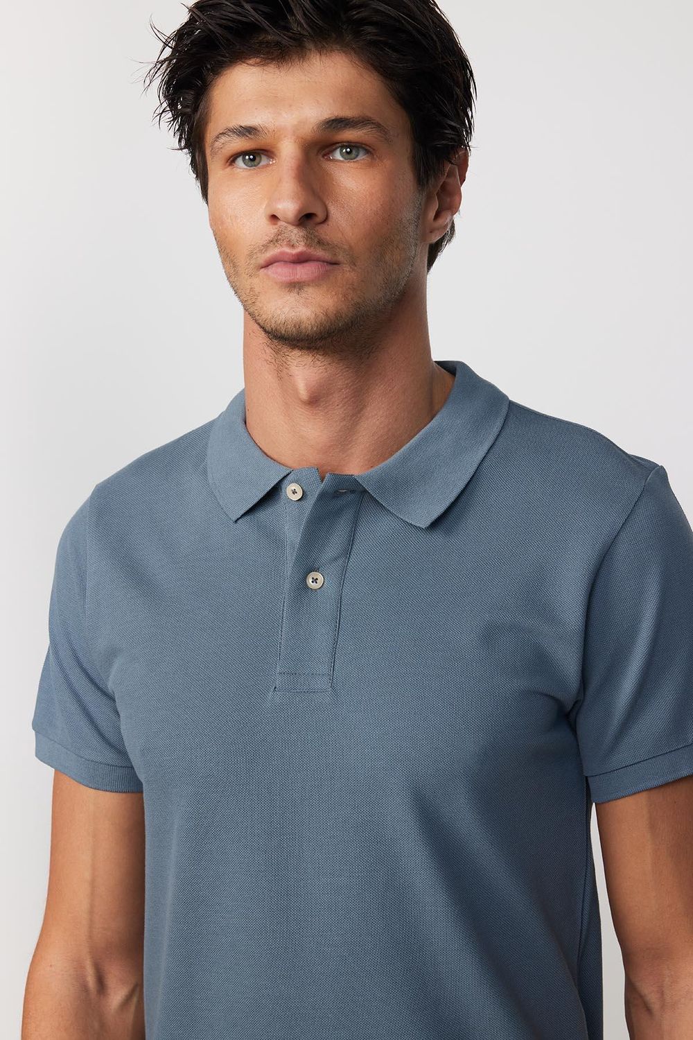 Erkek Polo Yaka Slim Fit Düz Pamuk Pike Gri Tişört