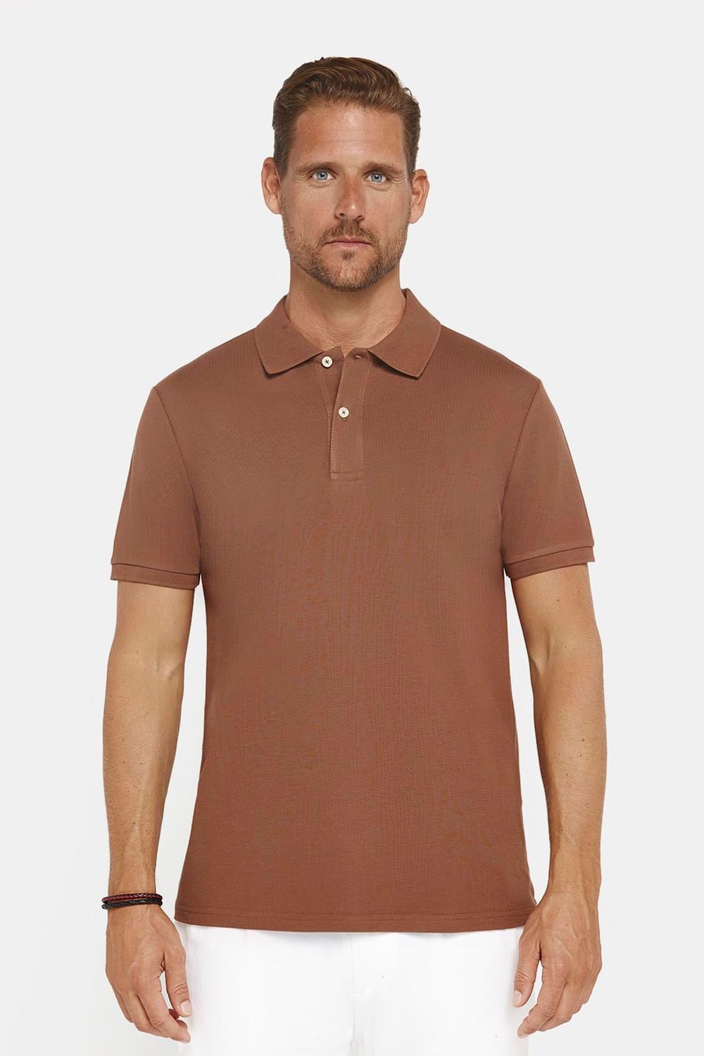 Erkek Slim Fit Dar Kesim %100 Pamuk Düz Pike Kahverengi Polo Yaka Tişört
