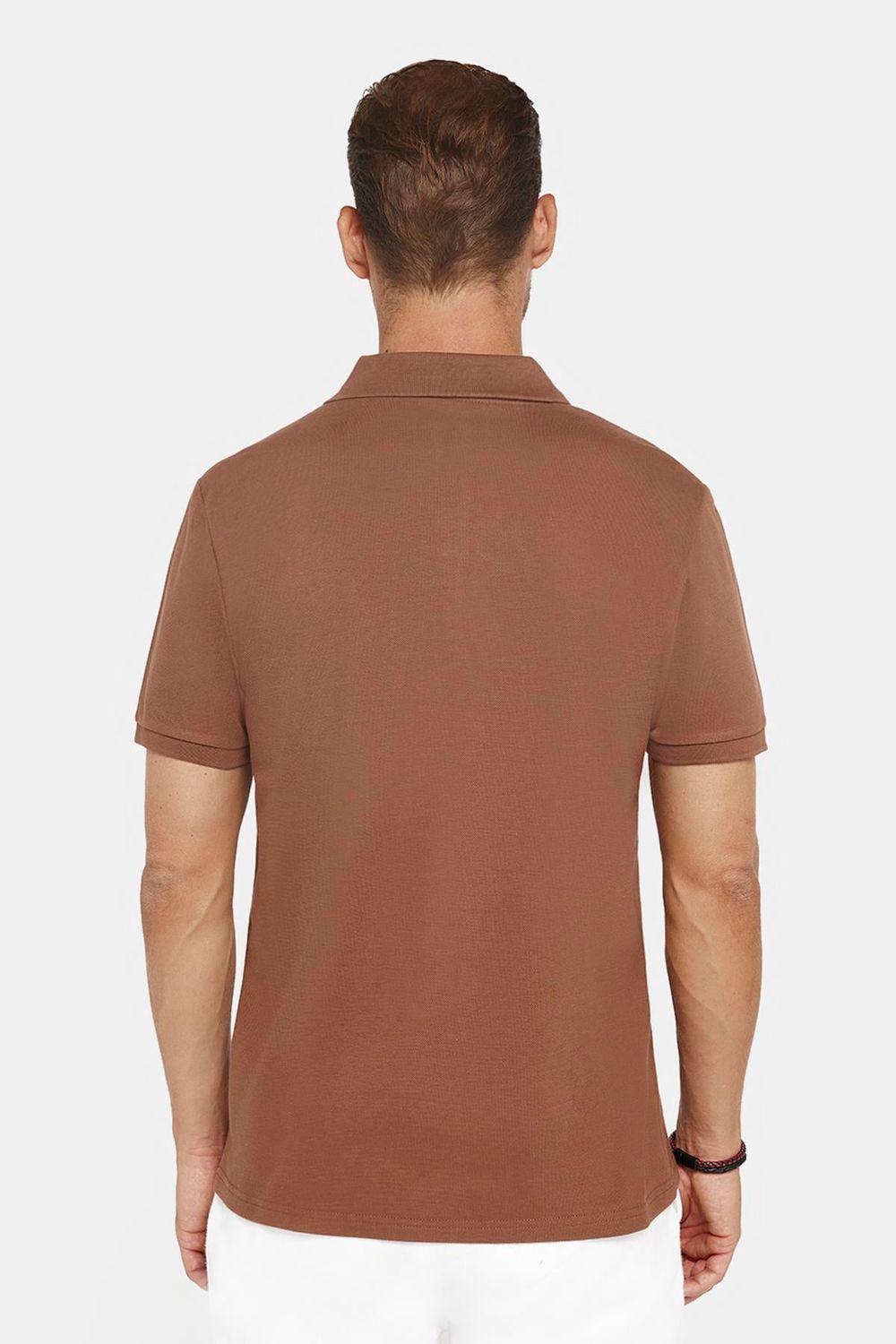 Erkek Slim Fit Dar Kesim %100 Pamuk Düz Pike Kahverengi Polo Yaka Tişört