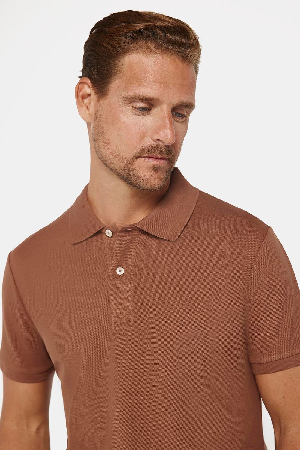 Erkek Slim Fit Dar Kesim %100 Pamuk Düz Pike Kahverengi Polo Yaka Tişört