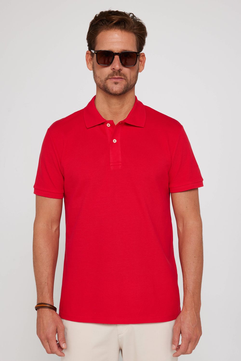 Erkek Polo Yaka Slim Fit Düz Pamuk Kırmızı Pike Tişört