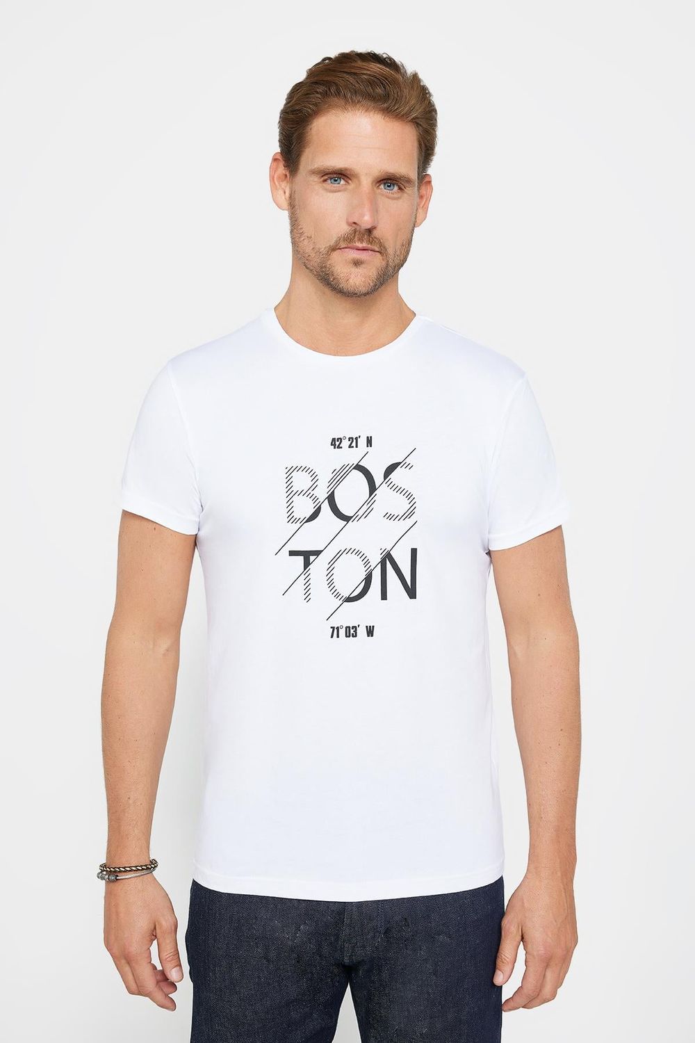 Erkek Slim Fit Dar Kesim %100 Pamuk Yumuşak Dokulu Baskılı Beyaz Bisiklet Yaka Tişört