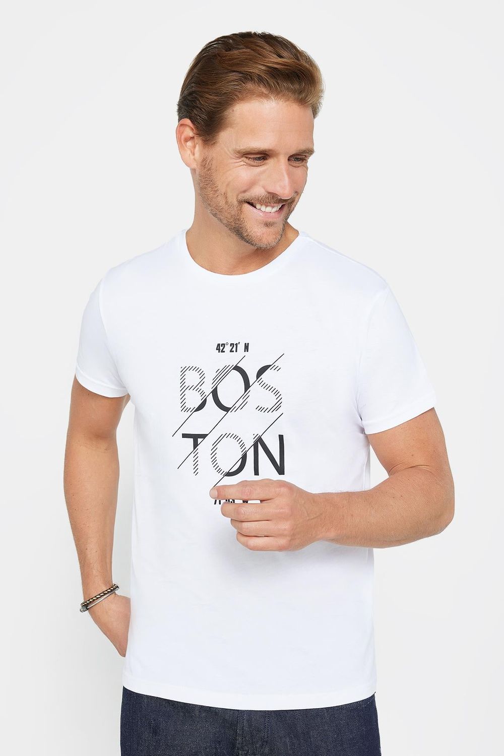 Erkek Slim Fit Dar Kesim %100 Pamuk Yumuşak Dokulu Baskılı Beyaz Bisiklet Yaka Tişört