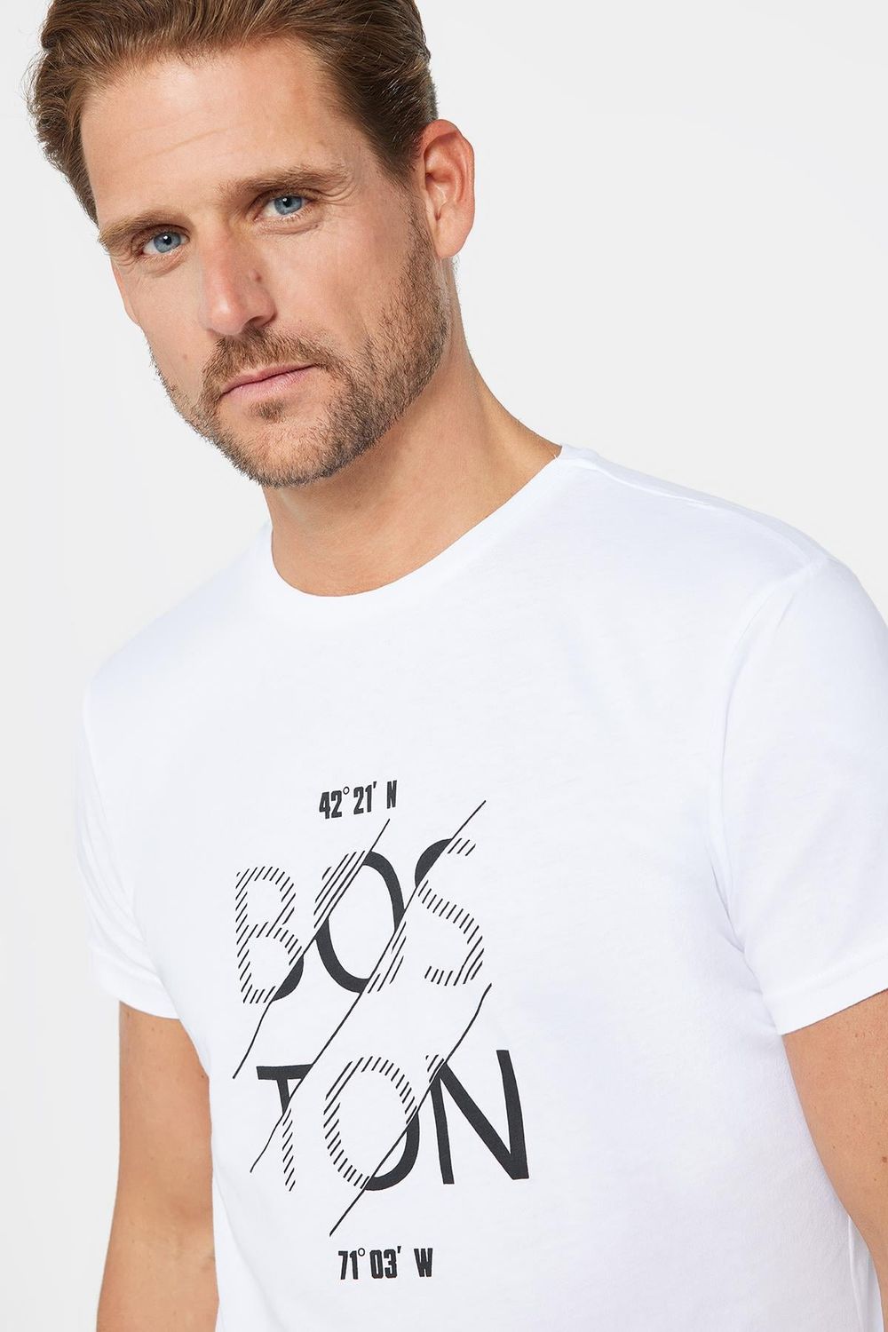 Erkek Slim Fit Dar Kesim %100 Pamuk Yumuşak Dokulu Baskılı Beyaz Bisiklet Yaka Tişört