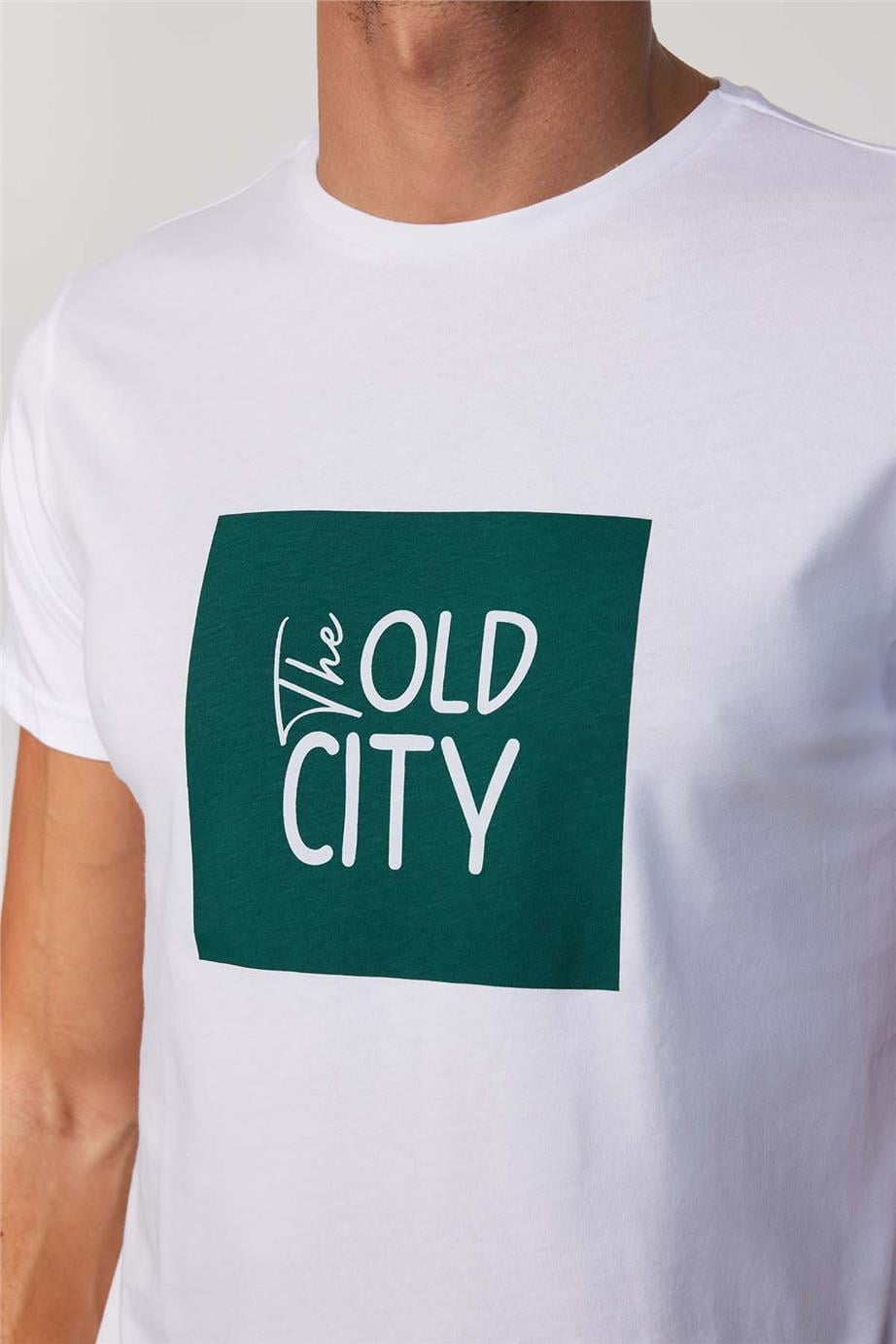 Erkek Bisiklet Yaka Slim Fit Pamuk Baskılı Beyaz Tişört