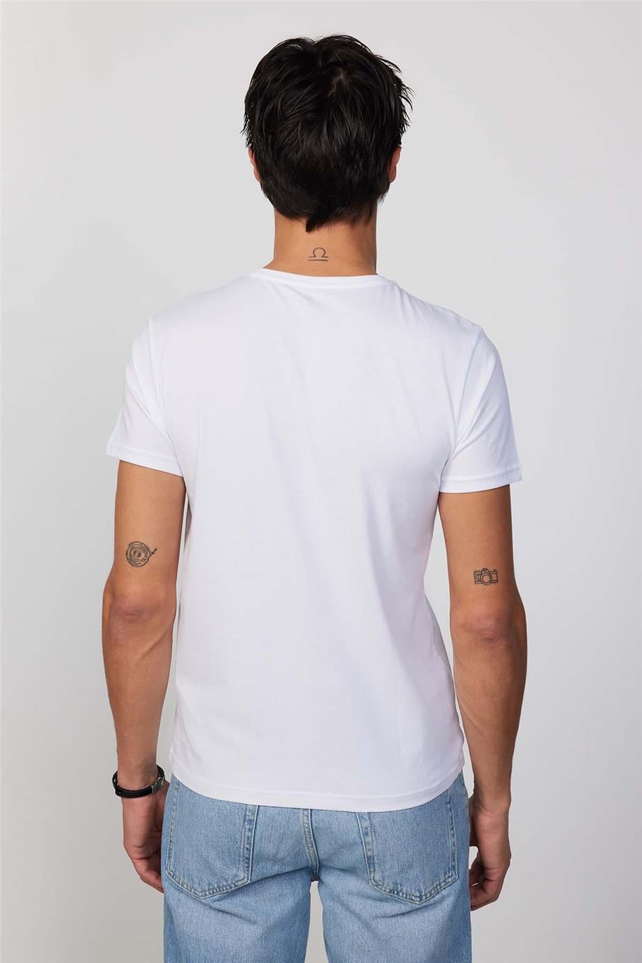 Erkek Bisiklet Yaka Slim Fit Pamuk Baskılı Beyaz Tişört
