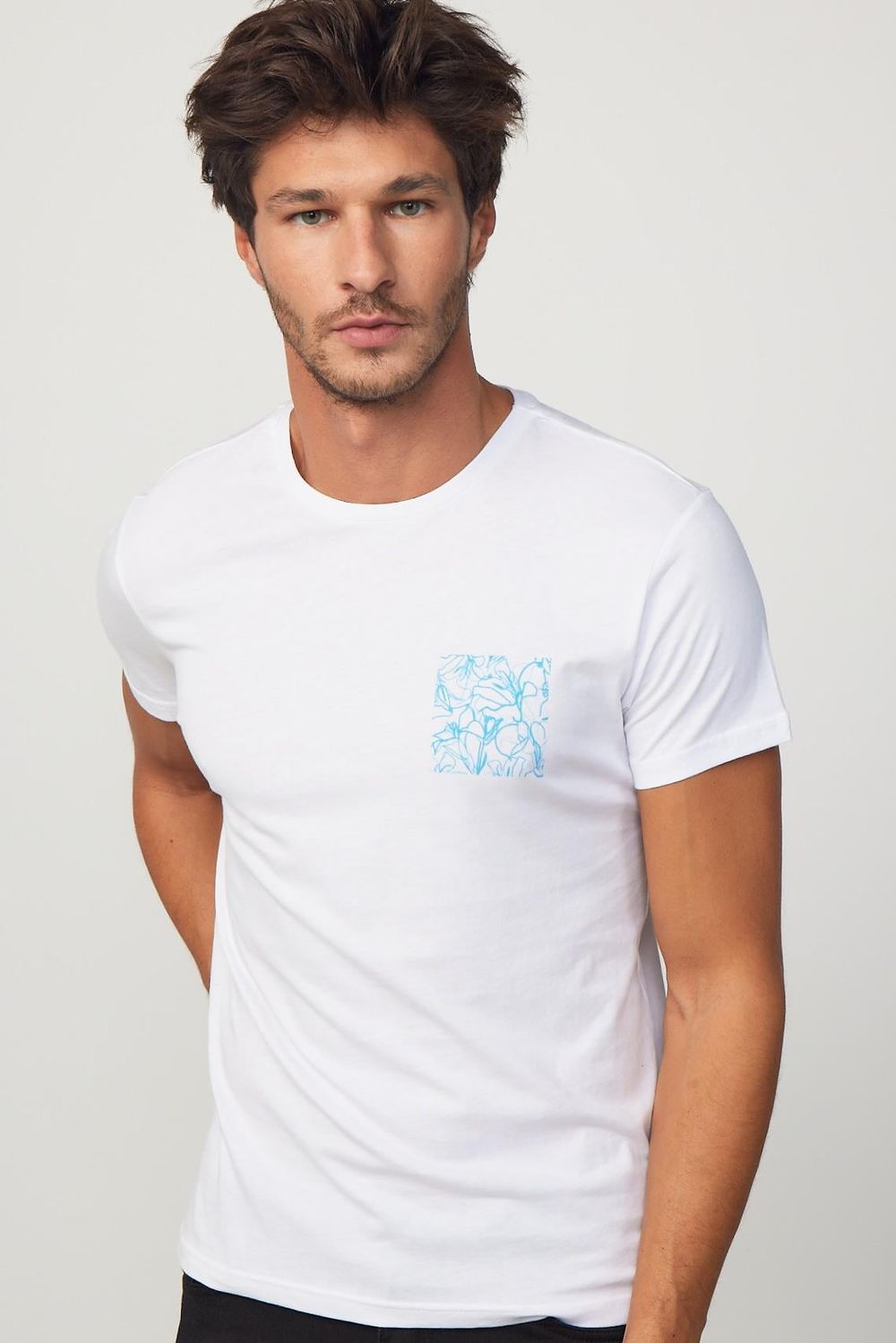 Erkek Bisiklet Yaka Slim Fit Pamuk Baskılı Beyaz Tişört