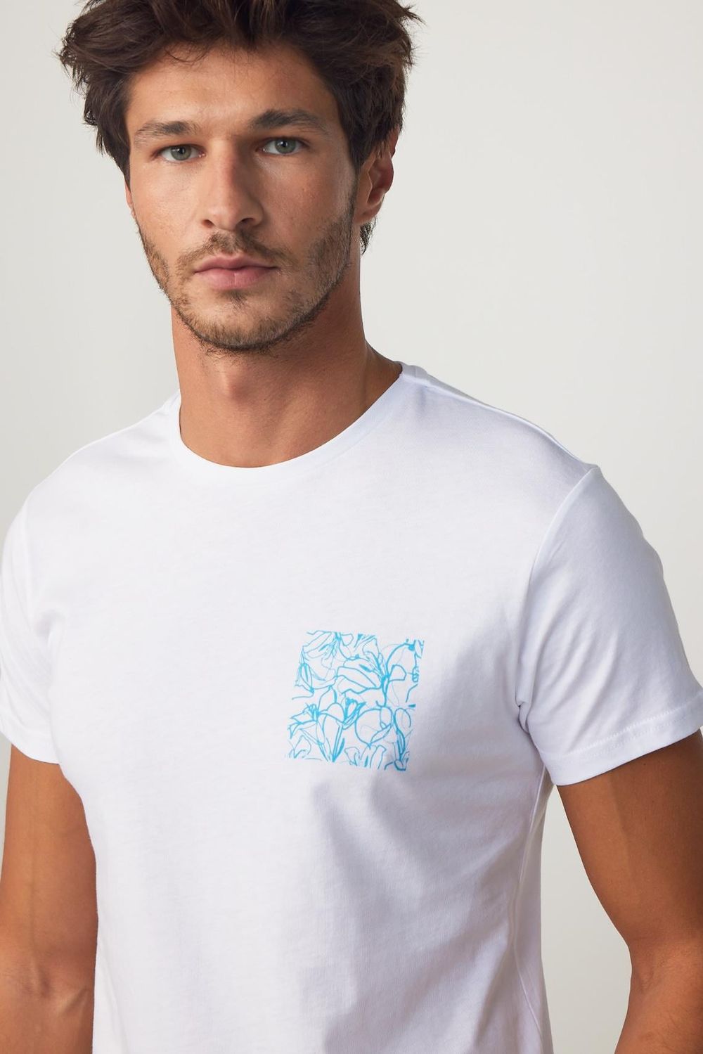Erkek Bisiklet Yaka Slim Fit Pamuk Baskılı Beyaz Tişört