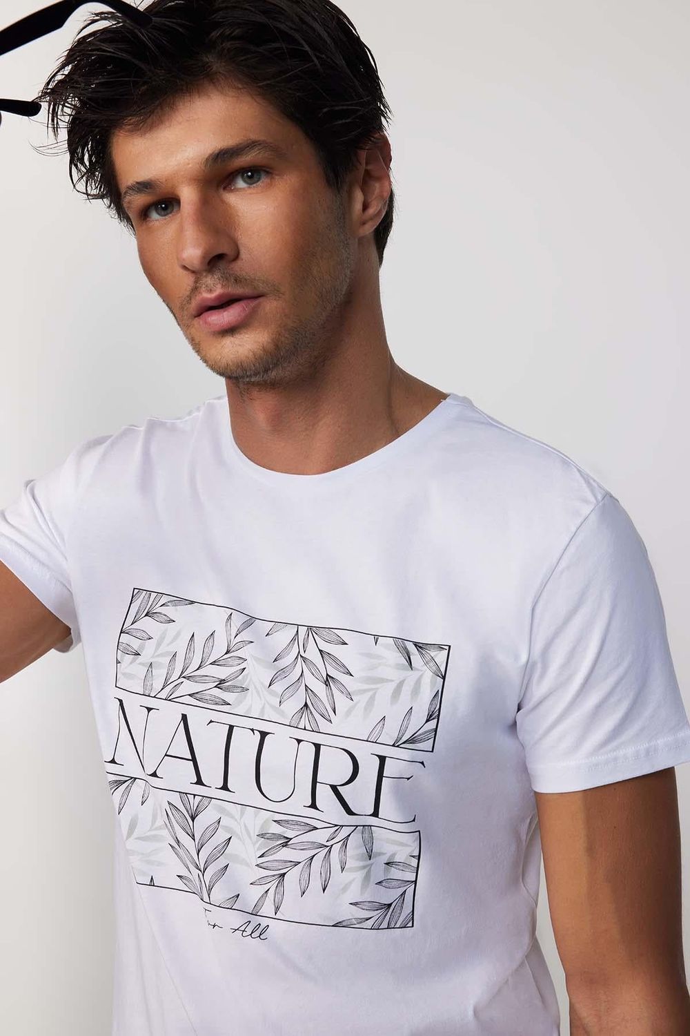 Erkek Bisiklet Yaka Slim Fit Pamuk Baskılı Beyaz Tişört