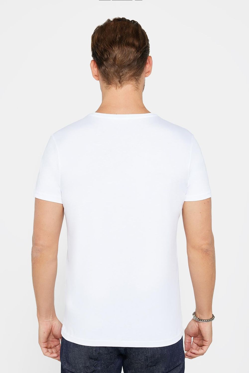 Erkek Slim Fit Dar Kesim %100 Pamuk Yumuşak Dokulu Baskılı Beyaz Bisiklet Yaka Tişört