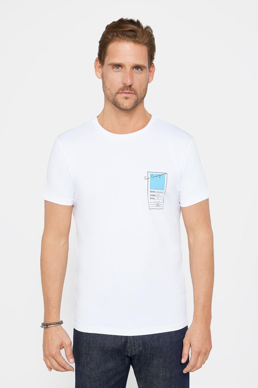 Erkek Slim Fit Dar Kesim %100 Pamuk Yumuşak Dokulu Baskılı Beyaz Bisiklet Yaka Tişört
