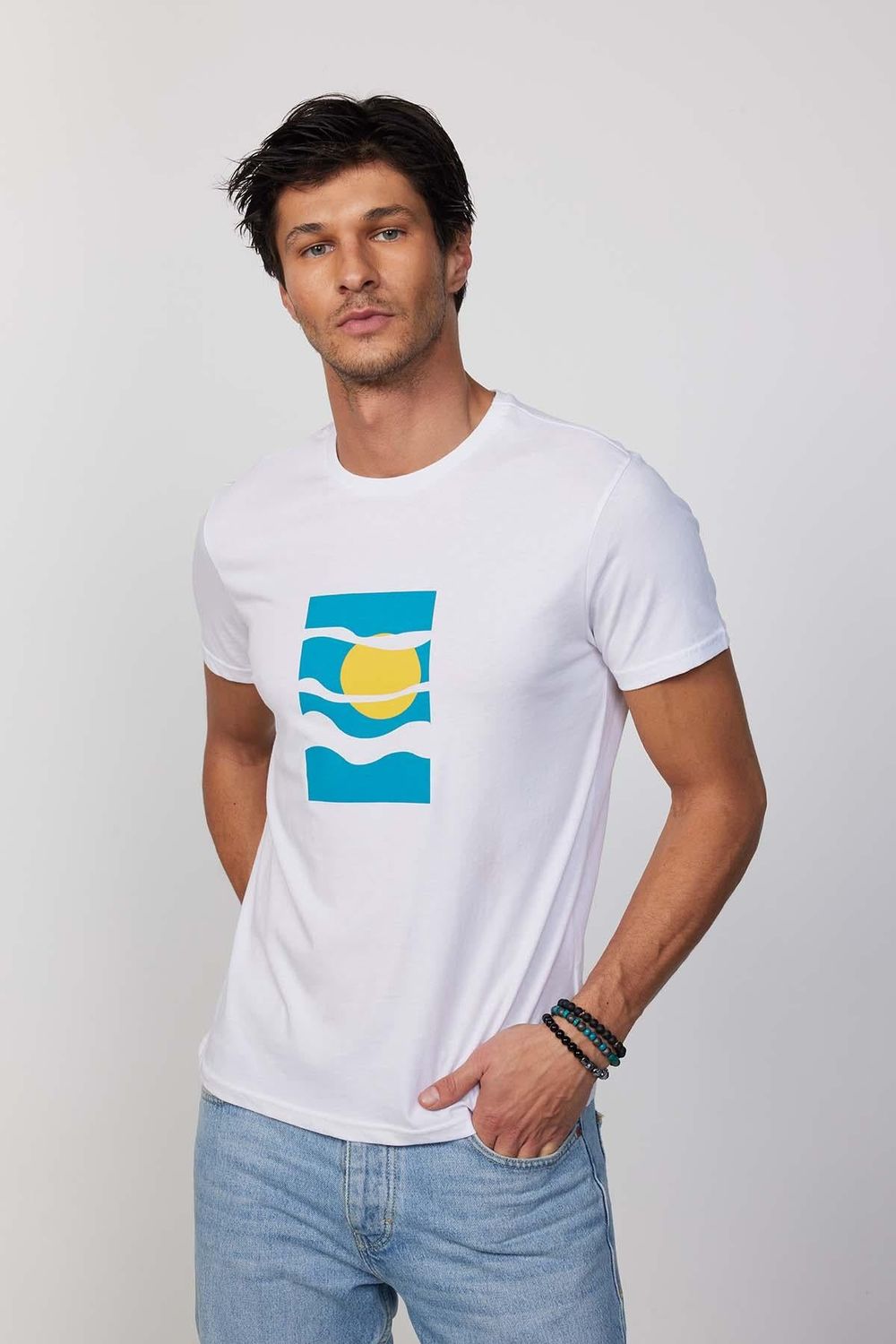 Erkek Bisiklet Yaka Slim Fit Pamuk Baskılı Beyaz Tişört